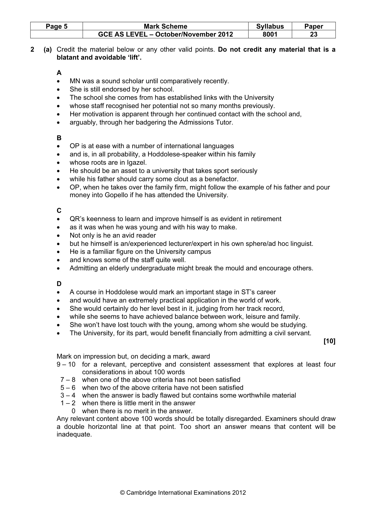 Mark scheme, page 5 of 9