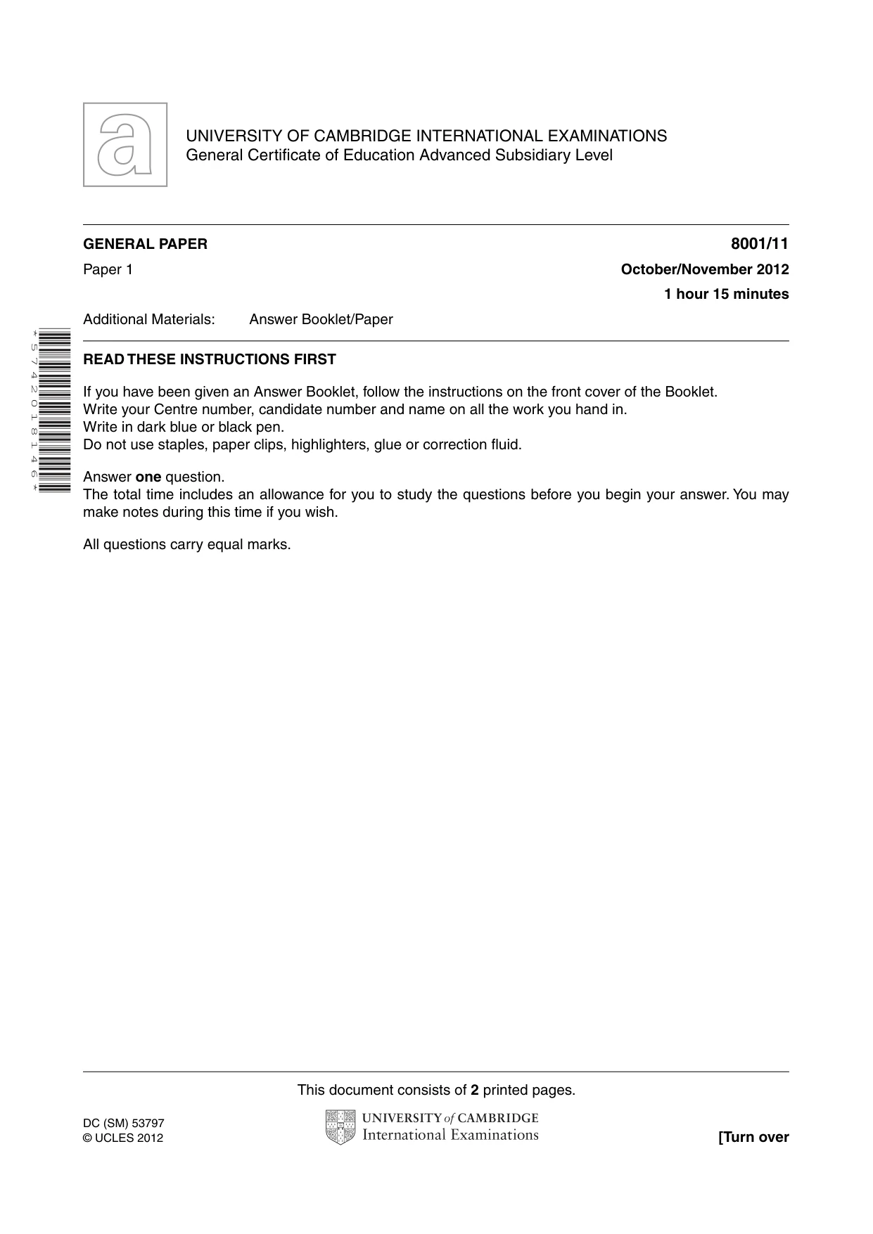 Cambridge A Level General Paper (AS Level only) 8001 2012 Oct/Nov Paper 1 · Variant 1 question paper, page 1 of 2