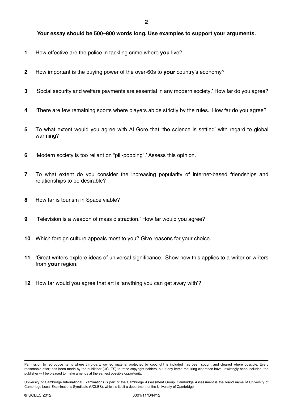 Cambridge A Level General Paper (AS Level only) 8001 2012 Oct/Nov Paper 1 · Variant 1 question paper, page 2 of 2