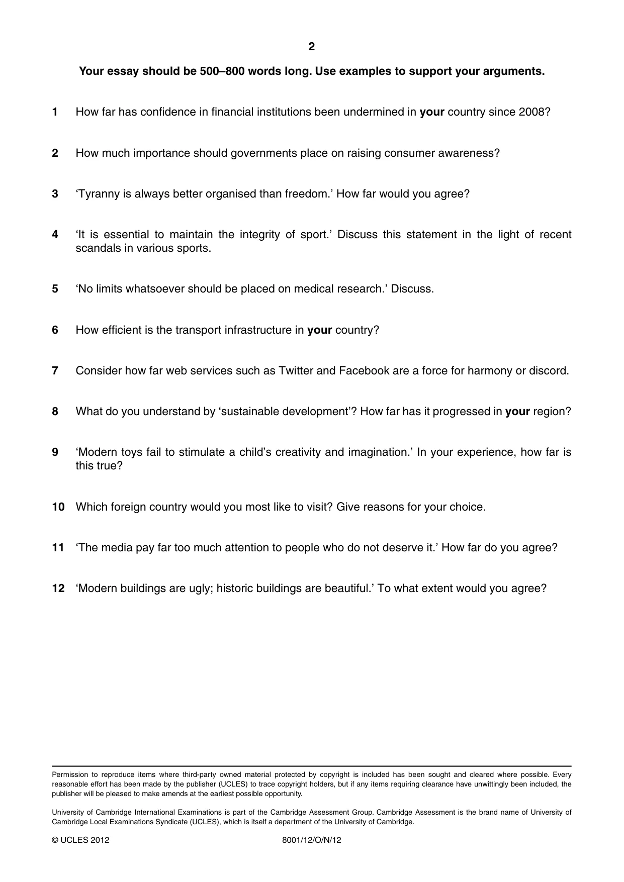 Cambridge A Level General Paper (AS Level only) 8001 2012 Oct/Nov Paper 1 · Variant 2 question paper, page 2 of 2