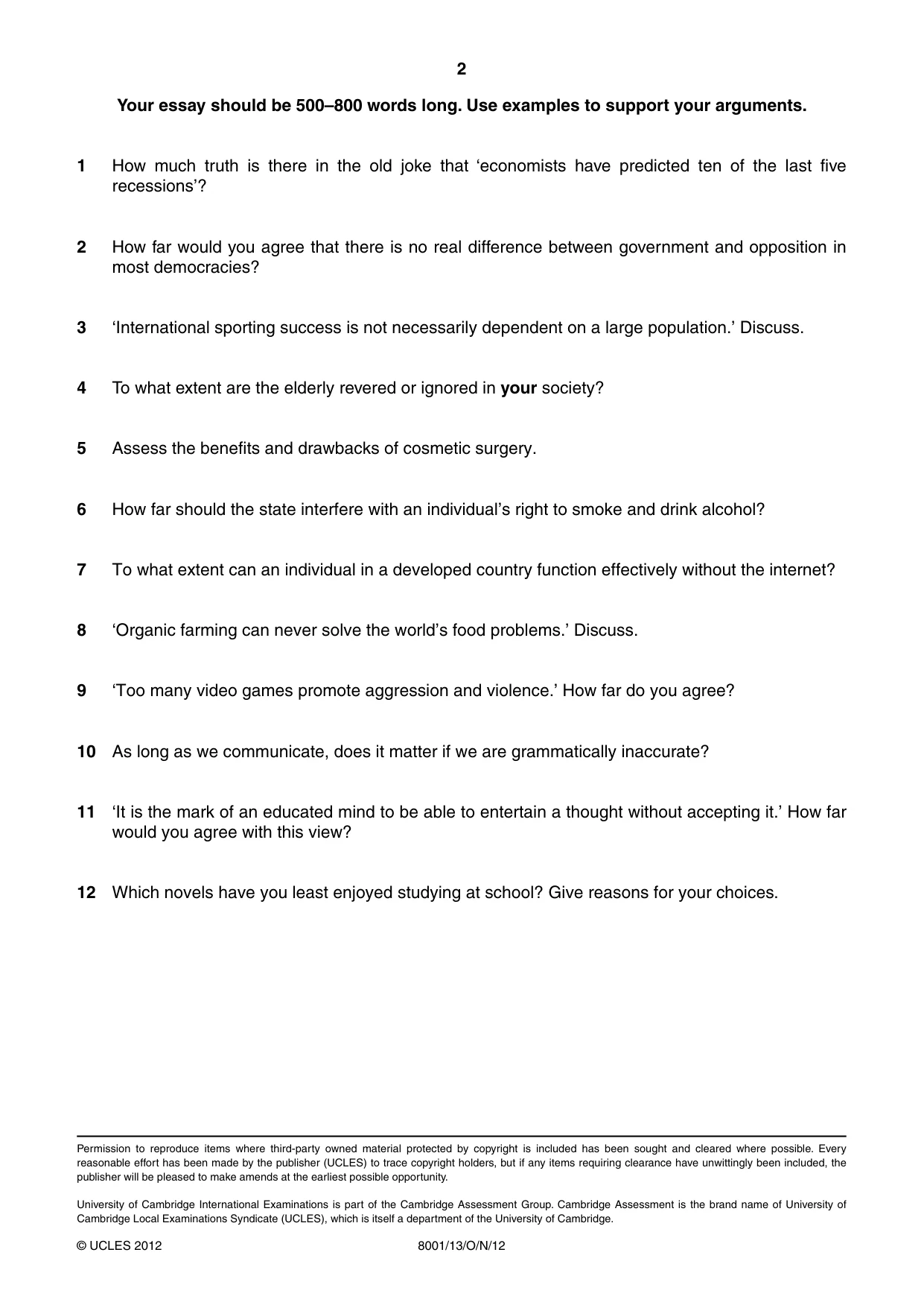 Cambridge A Level General Paper (AS Level only) 8001 2012 Oct/Nov Paper 1 · Variant 3 question paper, page 2 of 2
