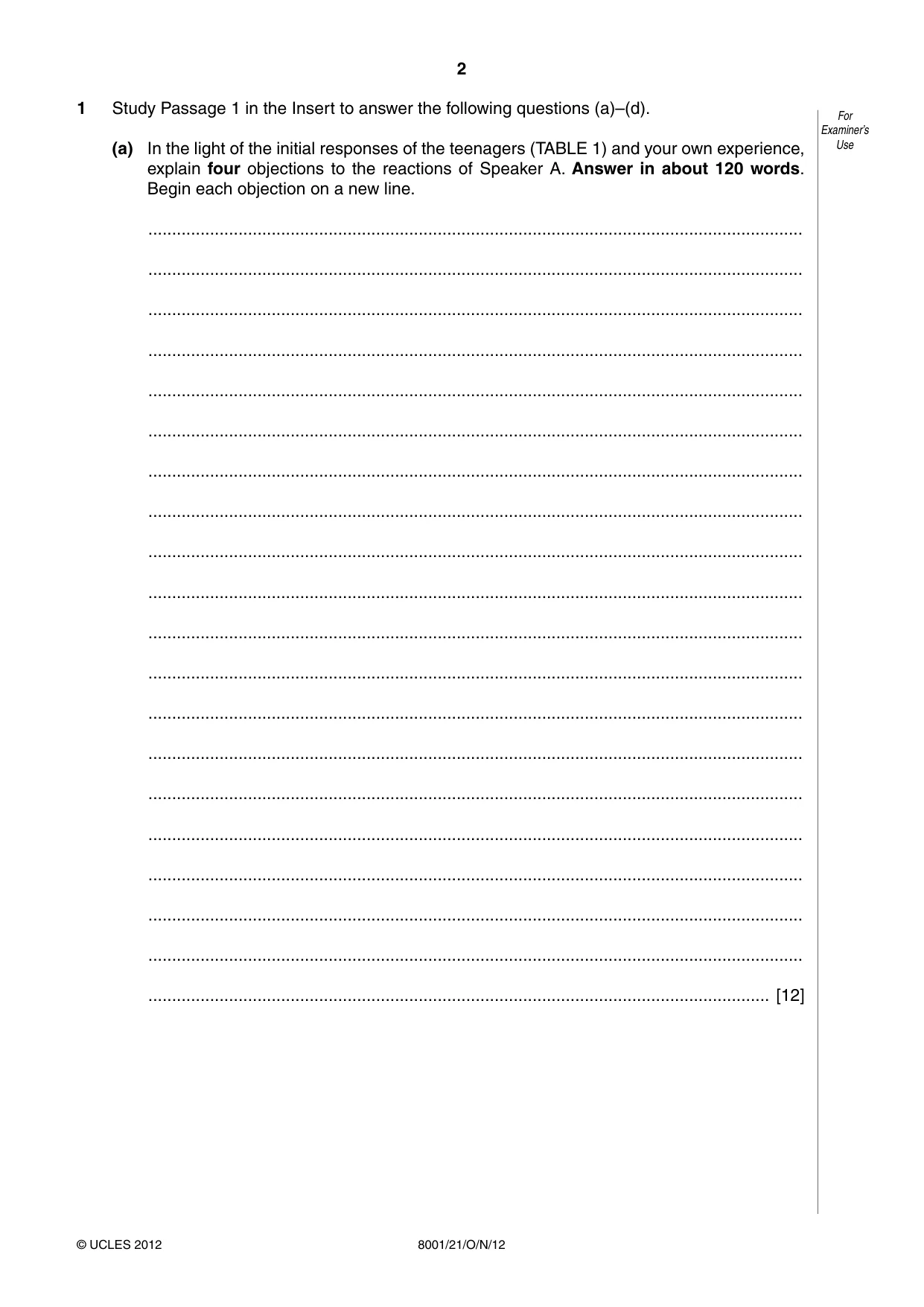 Cambridge A Level General Paper (AS Level only) 8001 2012 Oct/Nov Paper 2 · Variant 1 question paper, page 2 of 12