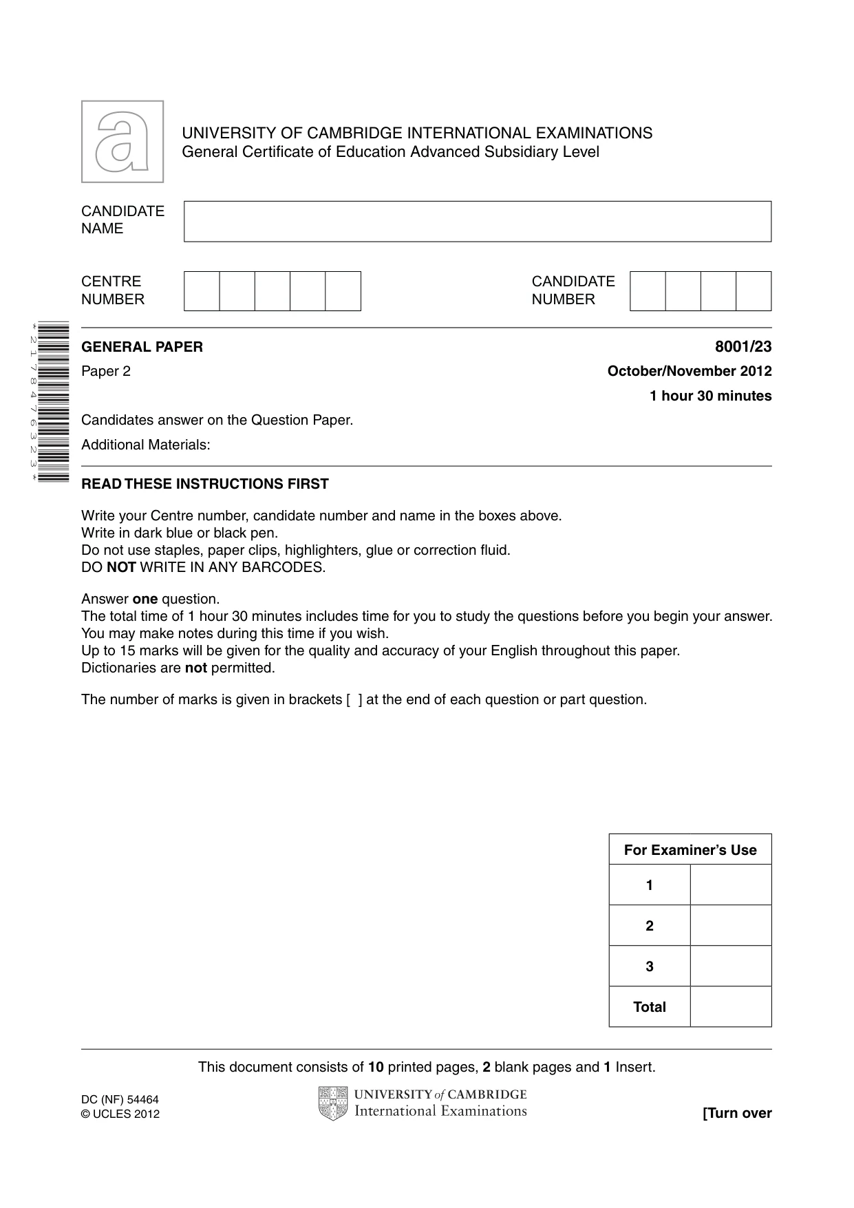 Cambridge A Level General Paper (AS Level only) 8001 2012 Oct/Nov Paper 2 · Variant 3 question paper, page 1 of 12
