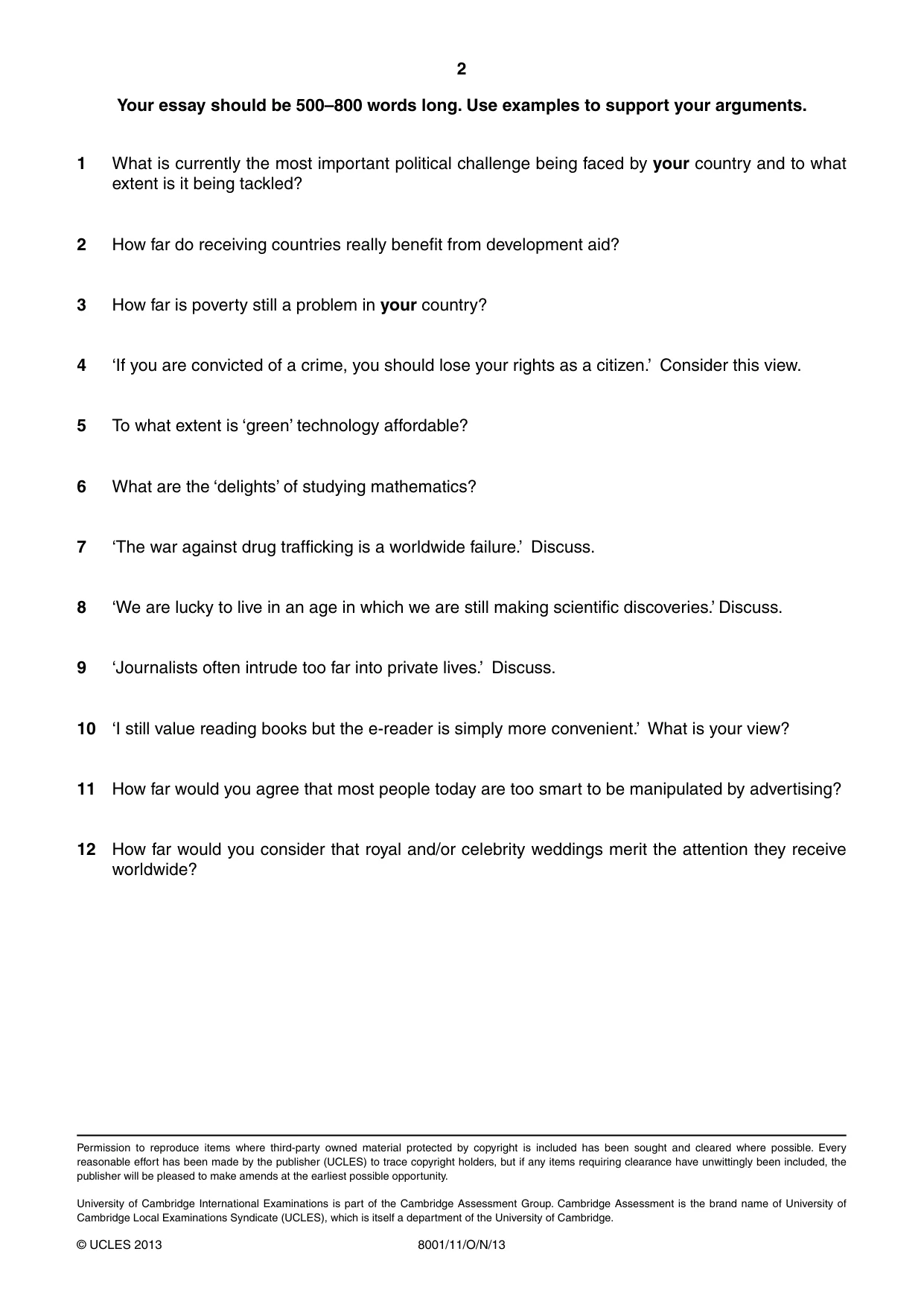 Cambridge A Level General Paper (AS Level only) 8001 2013 Oct/Nov Paper 1 · Variant 1 question paper, page 2 of 2