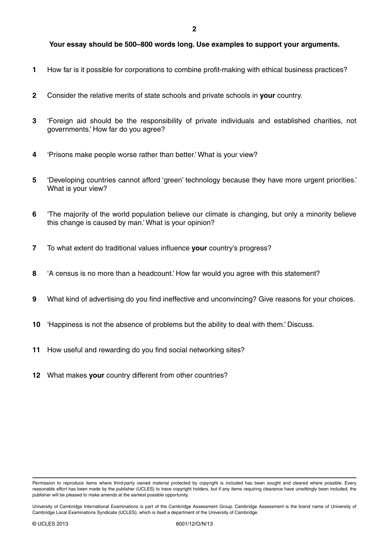 Cambridge A Level General Paper (AS Level only) 8001 2013 Oct/Nov Paper 1 · Variant 2 question paper, page 2 of 2