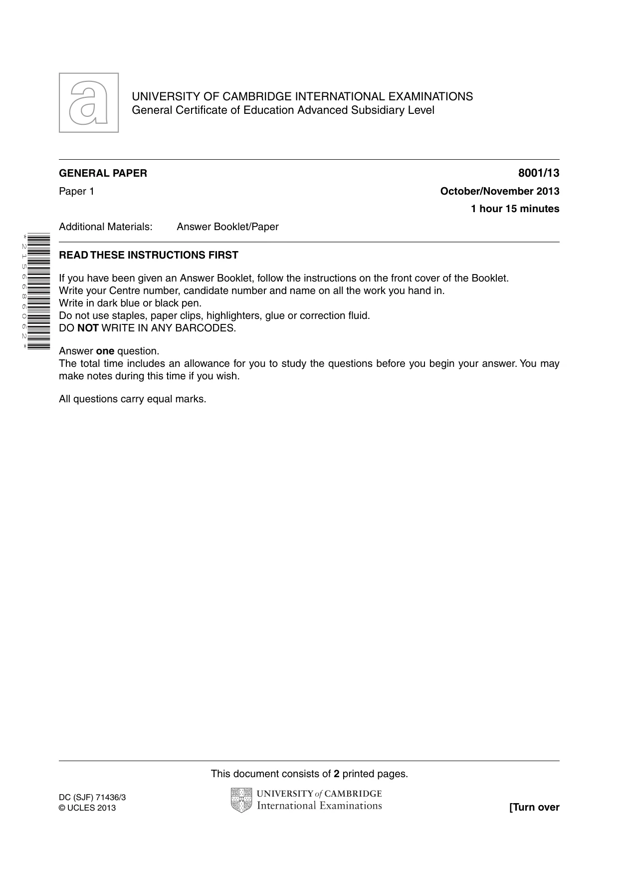 Cambridge A Level General Paper (AS Level only) 8001 2013 Oct/Nov Paper 1 · Variant 3 question paper, page 1 of 2