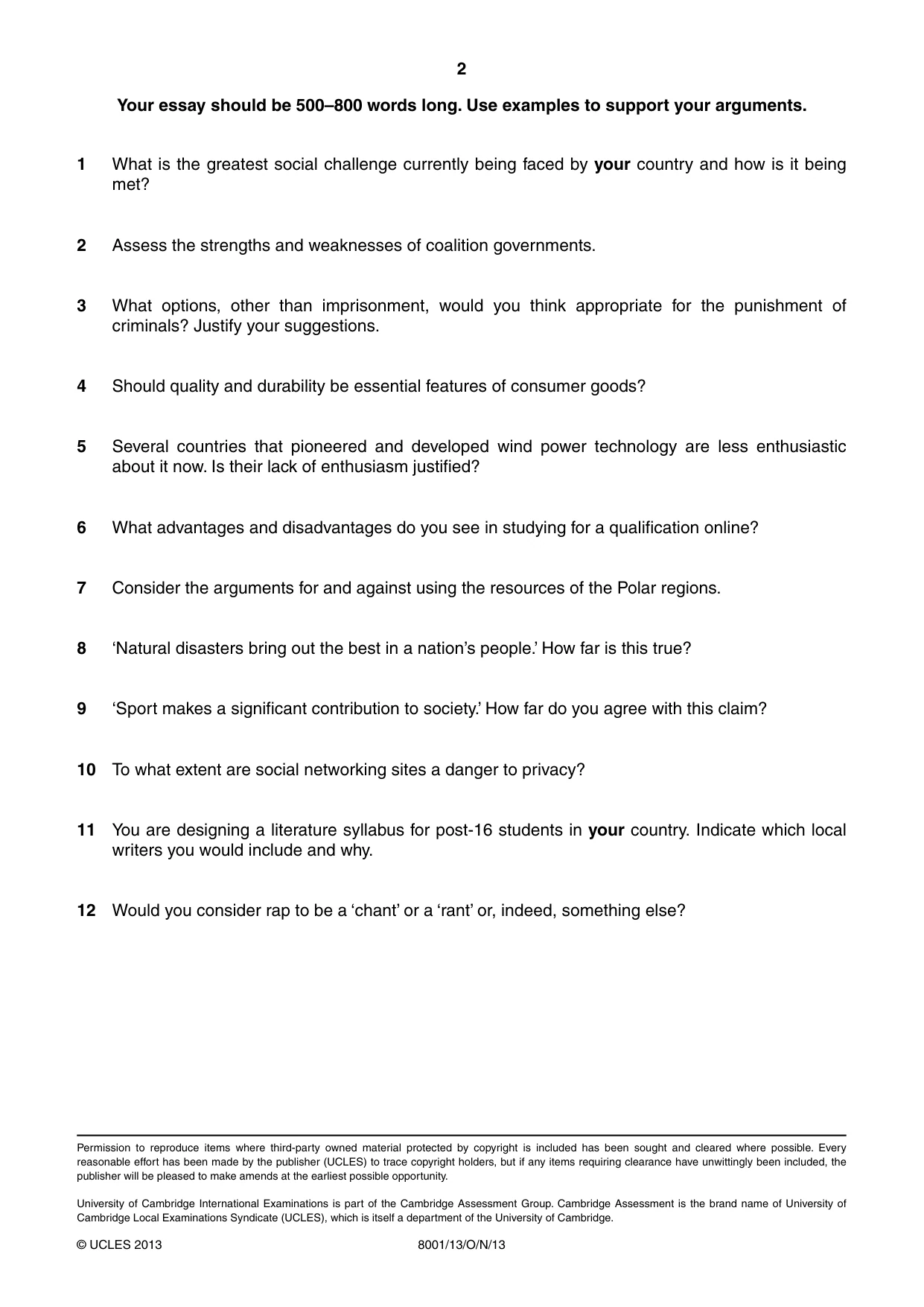 Cambridge A Level General Paper (AS Level only) 8001 2013 Oct/Nov Paper 1 · Variant 3 question paper, page 2 of 2