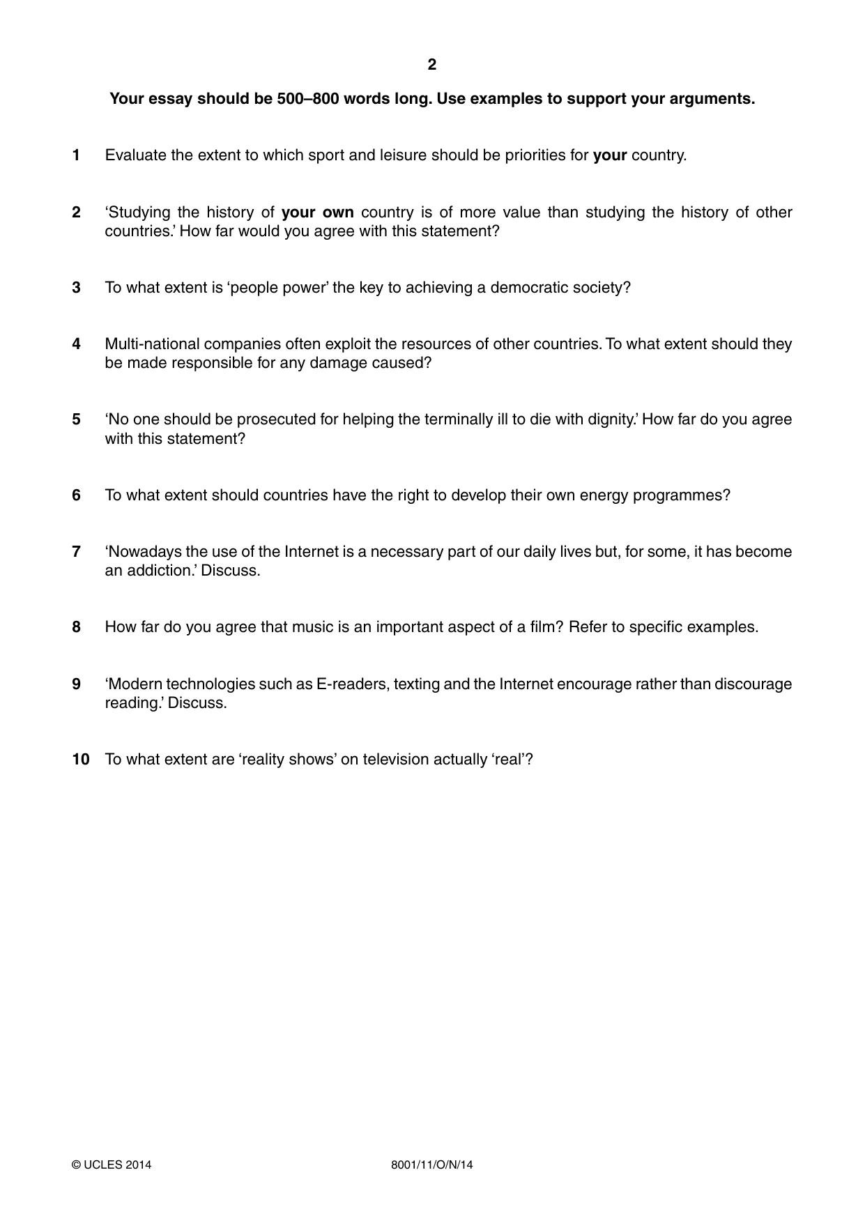 Cambridge A Level General Paper (AS Level only) 8001 2014 Oct/Nov Paper 1 · Variant 1 question paper, page 2 of 4