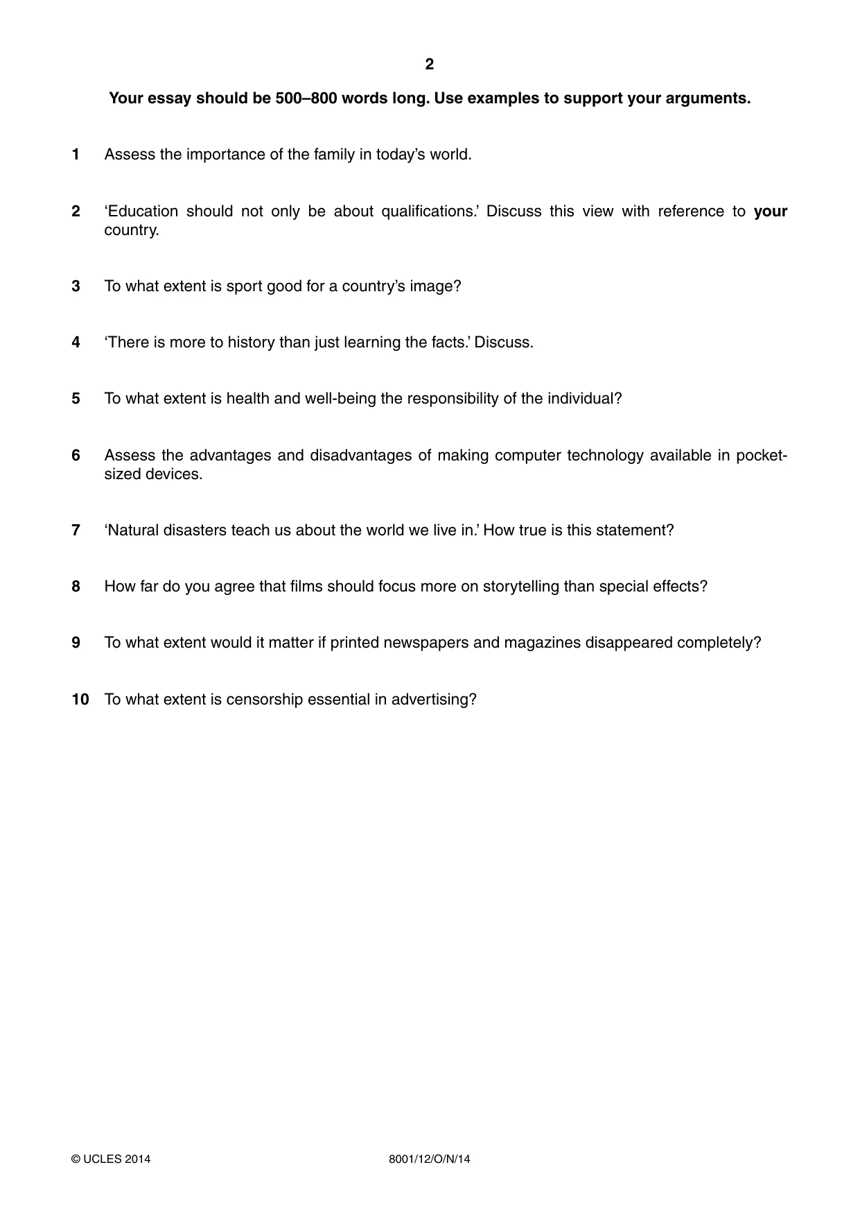 Cambridge A Level General Paper (AS Level only) 8001 2014 Oct/Nov Paper 1 · Variant 2 question paper, page 2 of 4