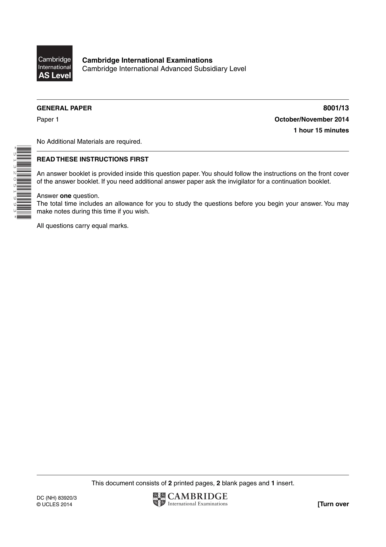 Cambridge A Level General Paper (AS Level only) 8001 2014 Oct/Nov Paper 1 · Variant 3 question paper, page 1 of 4