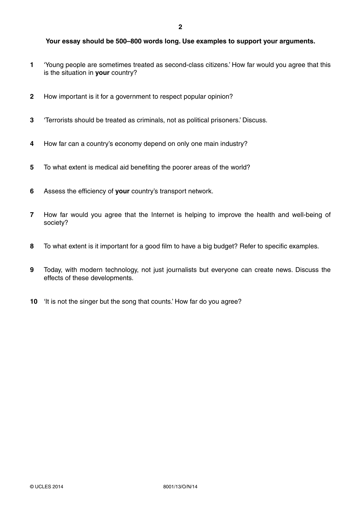Cambridge A Level General Paper (AS Level only) 8001 2014 Oct/Nov Paper 1 · Variant 3 question paper, page 2 of 4