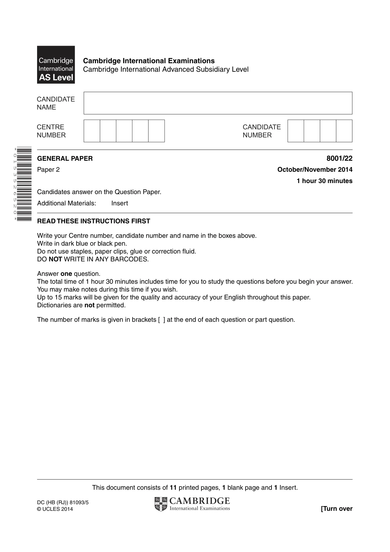 Cambridge A Level General Paper (AS Level only) 8001 2014 Oct/Nov Paper 2 · Variant 2 question paper, page 1 of 12