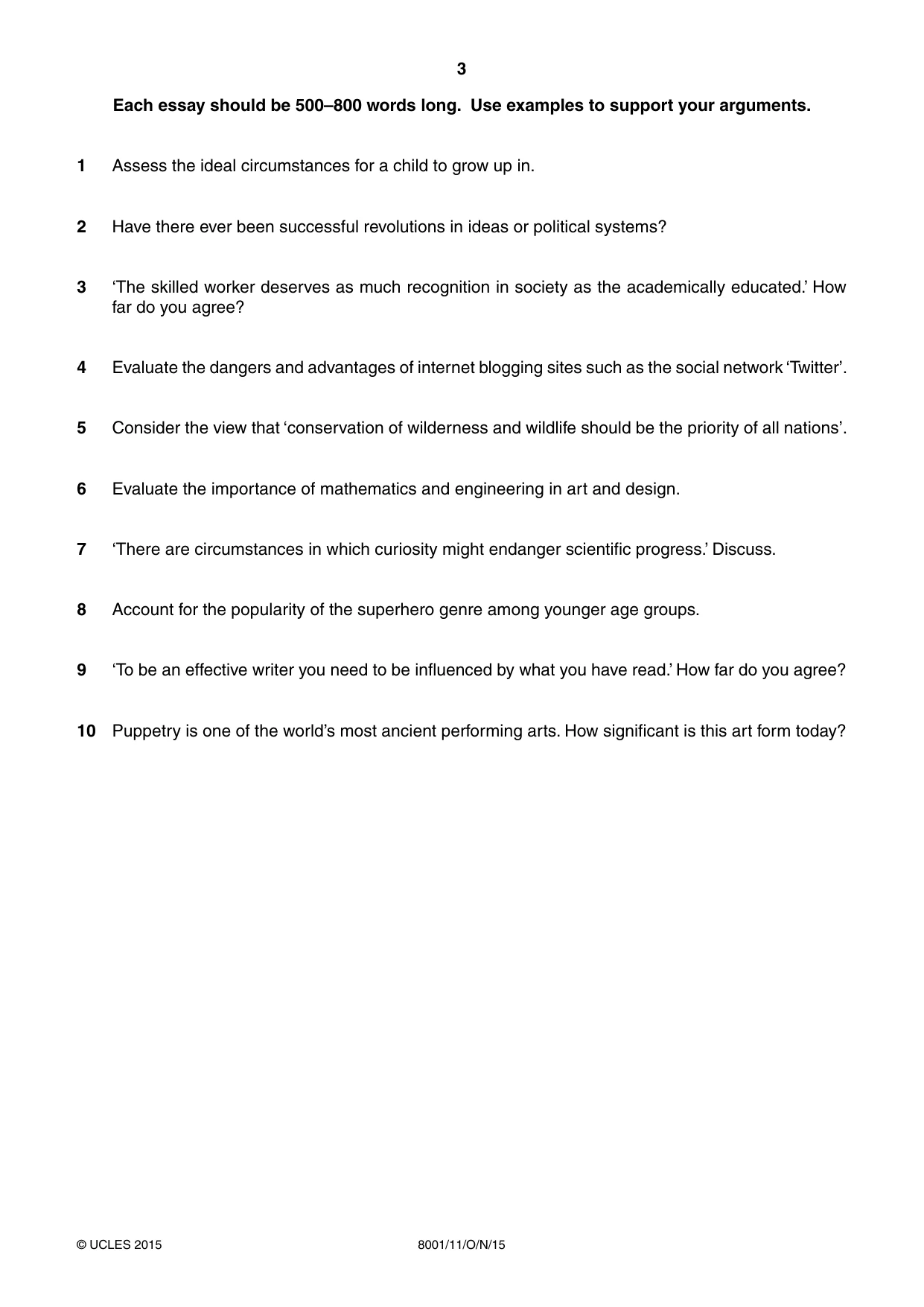Cambridge A Level General Paper (AS Level only) 8001 2015 Oct/Nov Paper 1 · Variant 1 question paper, page 3 of 4