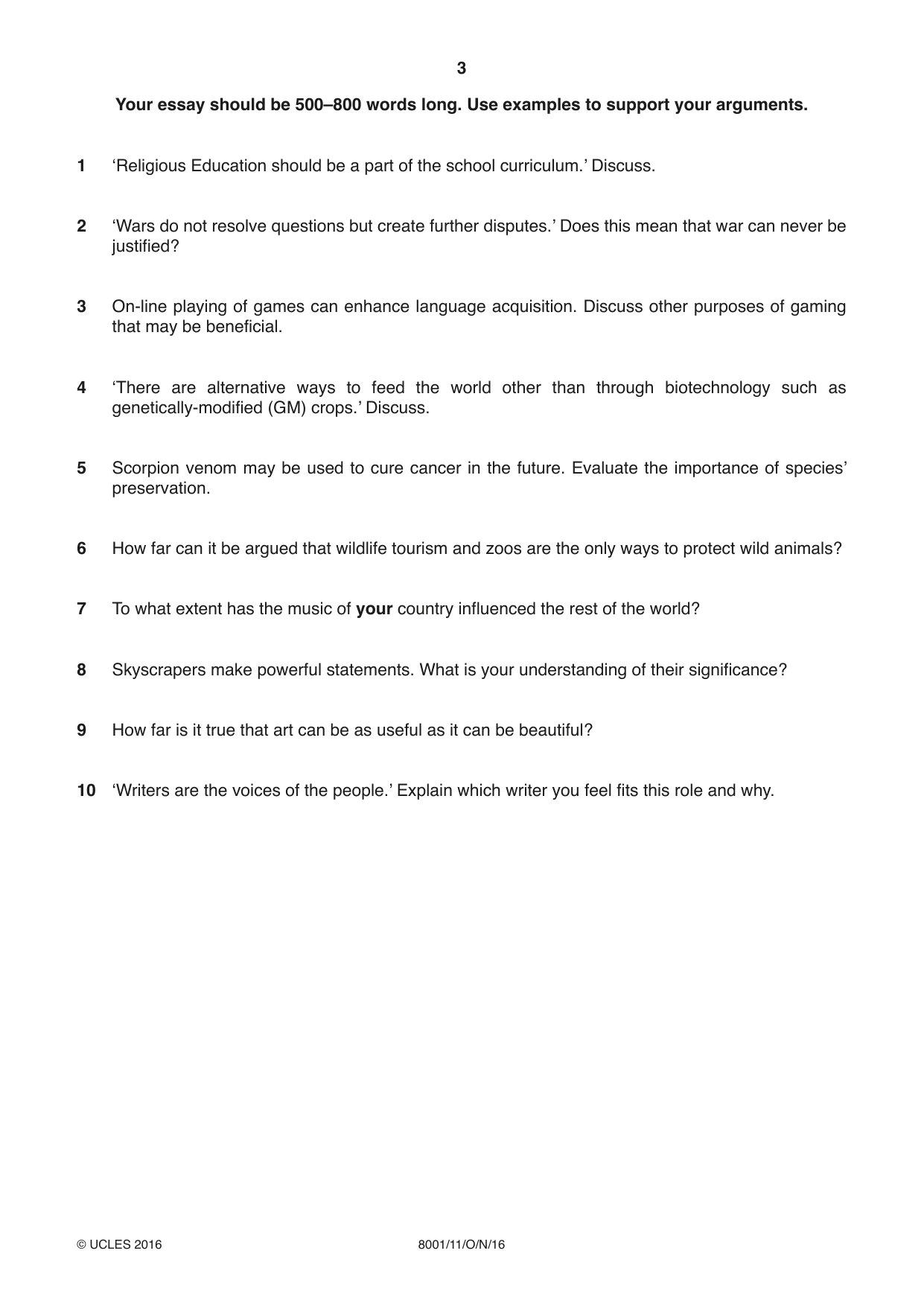 Cambridge A Level General Paper (AS Level only) 8001 2016 Oct/Nov Paper 1 · Variant 1 question paper, page 3 of 4