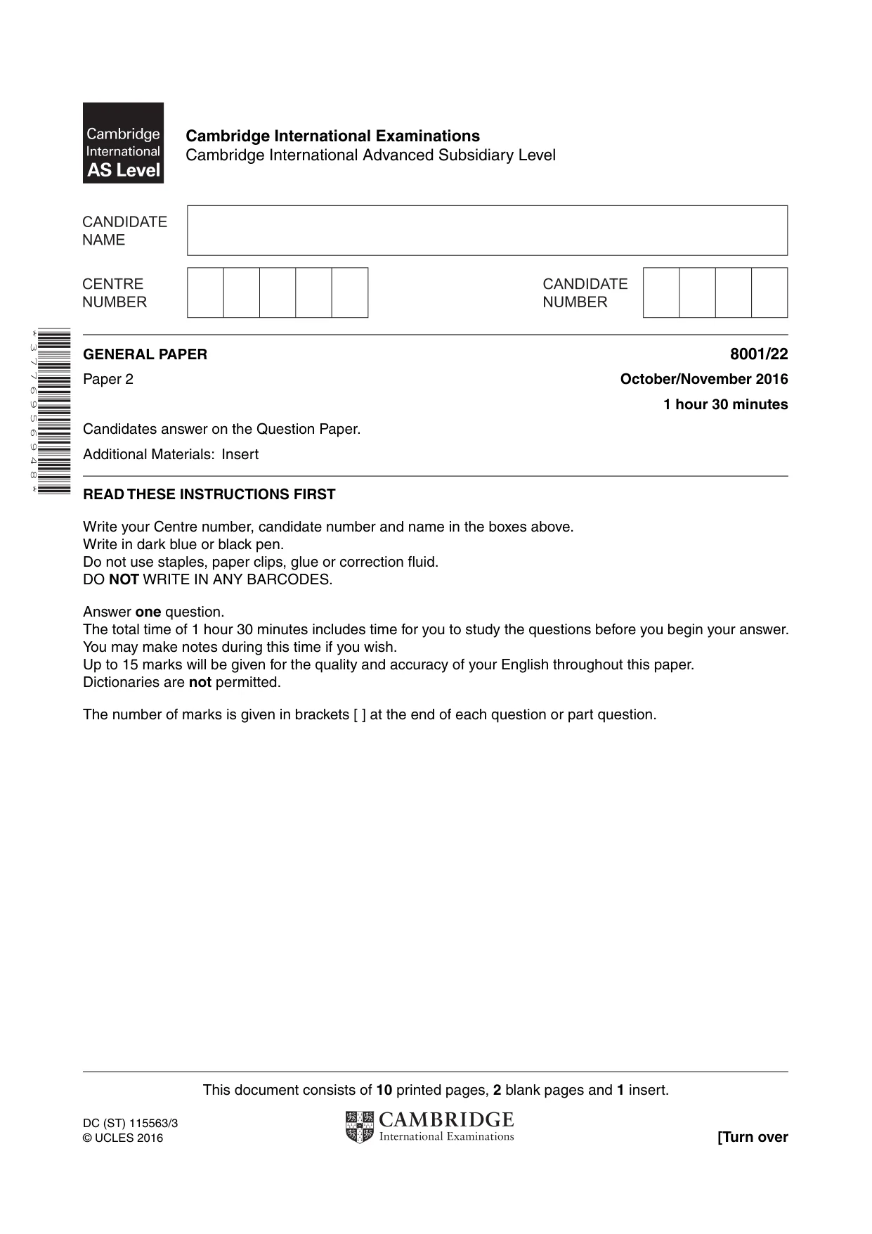 Cambridge A Level General Paper (AS Level only) 8001 2016 Oct/Nov Paper 2 · Variant 2 question paper, page 1 of 12