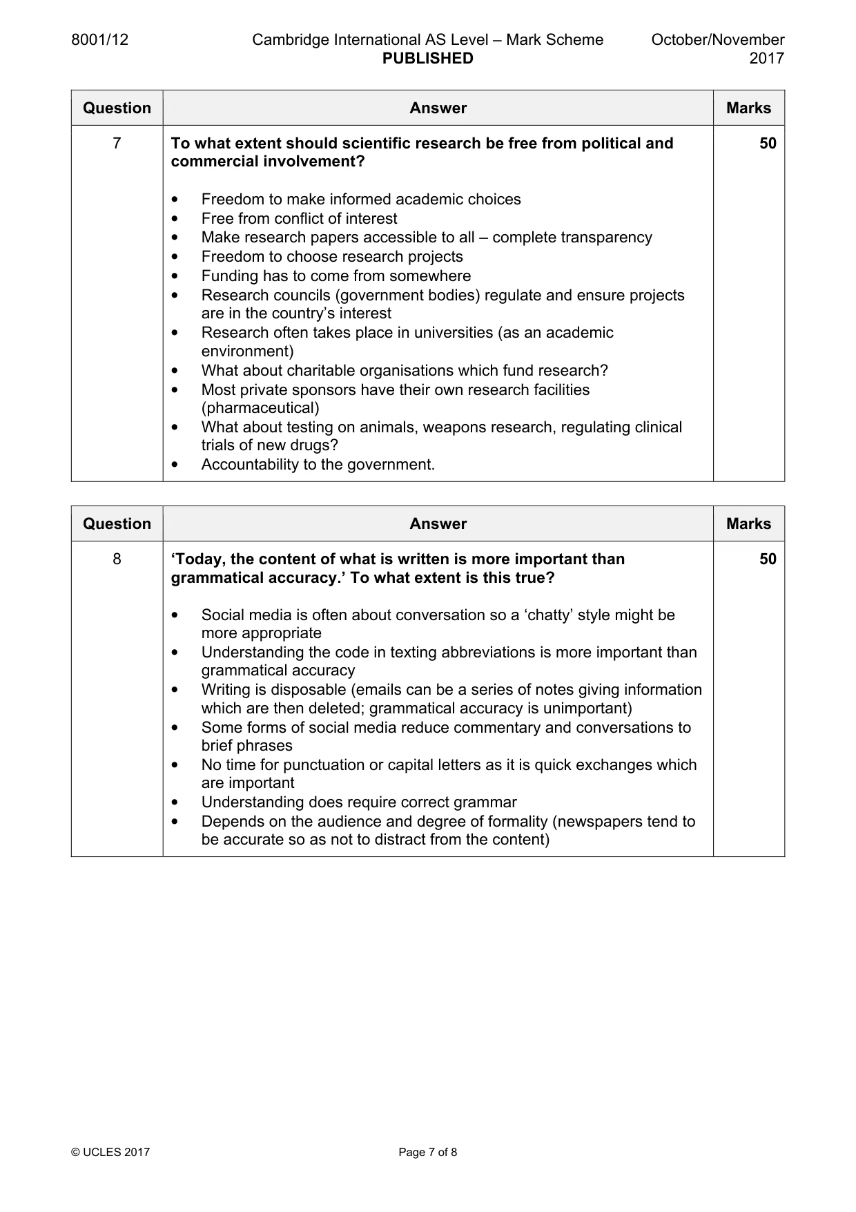 Mark scheme, page 7 of 8
