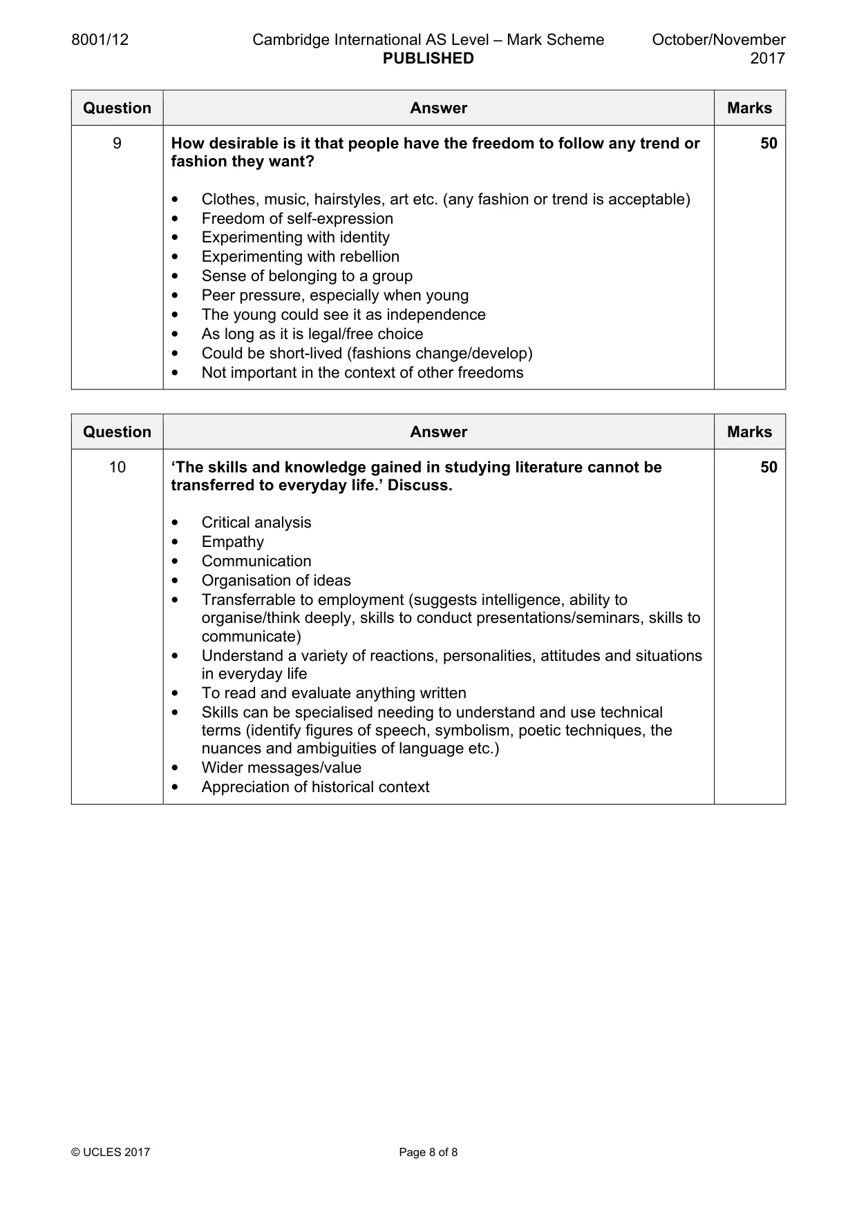 Mark scheme, page 8 of 8