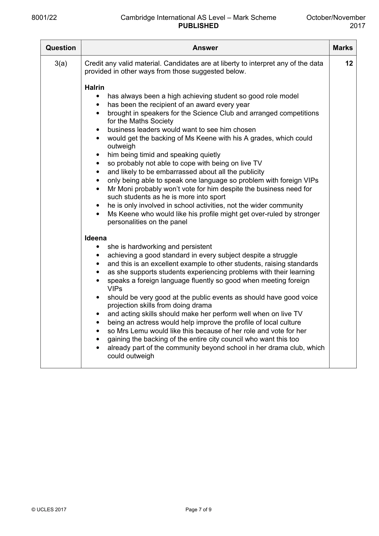 Mark scheme, page 7 of 9