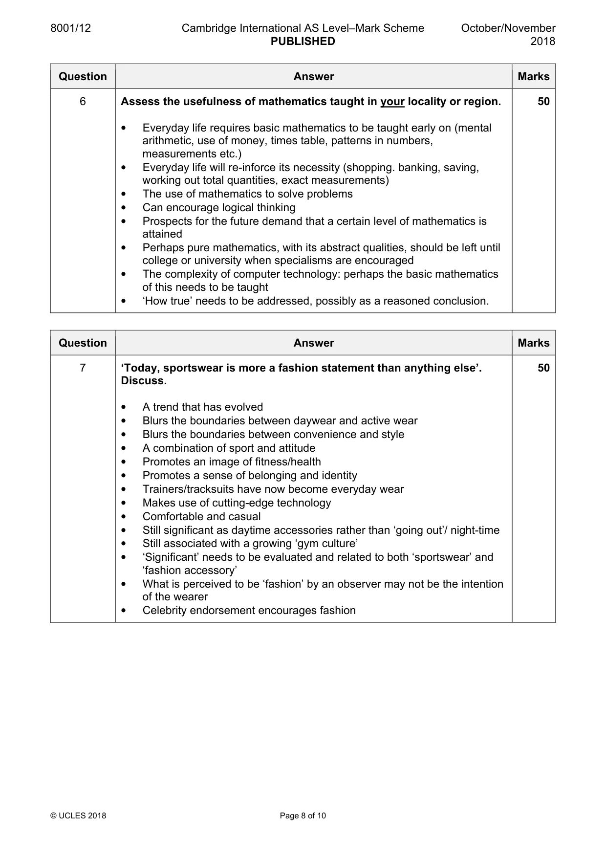 Mark scheme, page 8 of 10