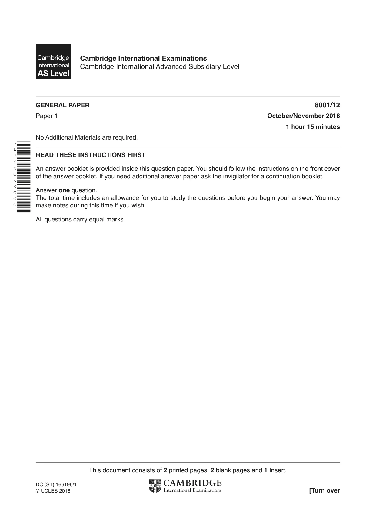 Cambridge A Level General Paper (AS Level only) 8001 2018 Oct/Nov Paper 1 · Variant 2 question paper, page 1 of 4