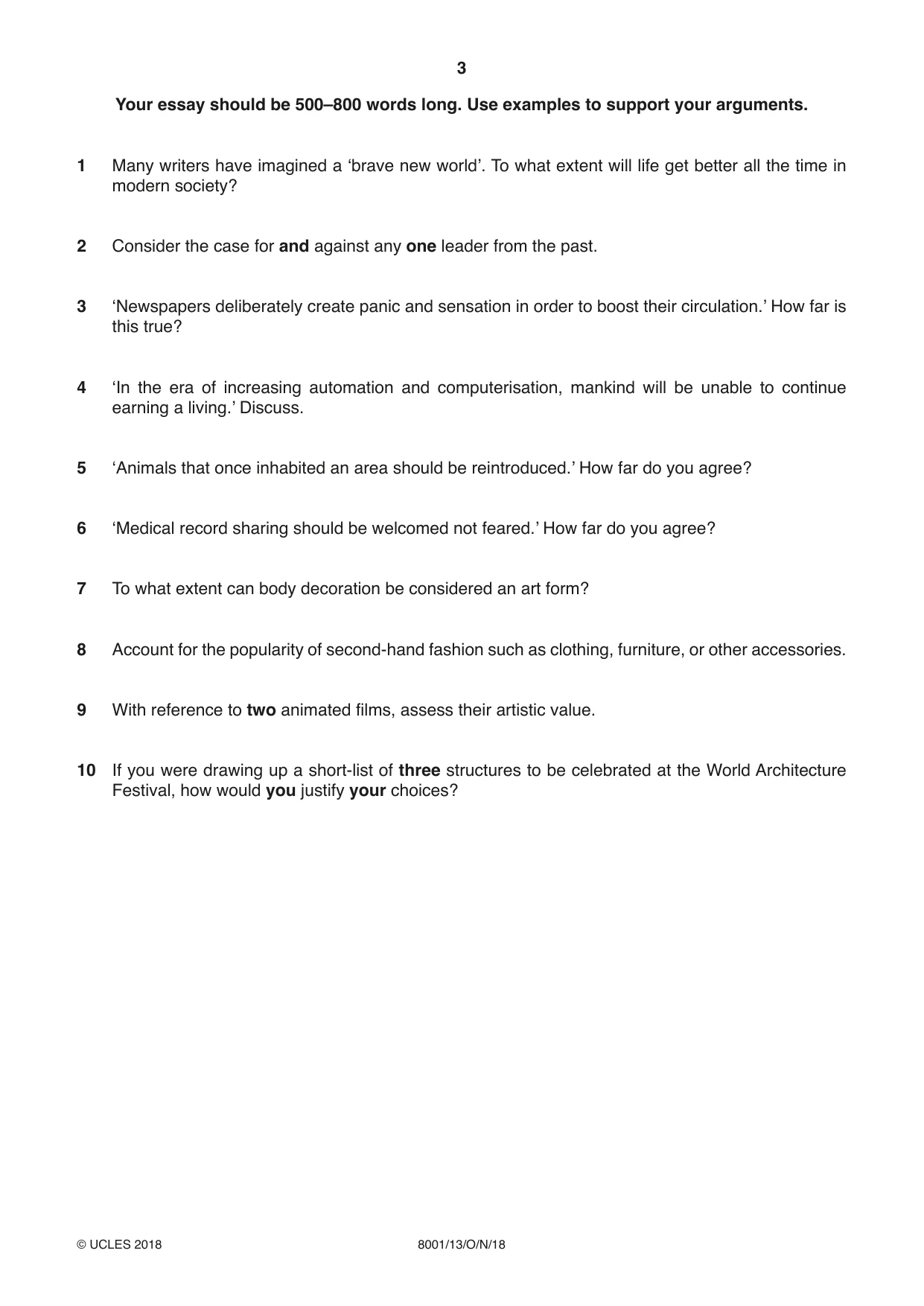 Cambridge A Level General Paper (AS Level only) 8001 2018 Oct/Nov Paper 1 · Variant 3 question paper, page 3 of 4