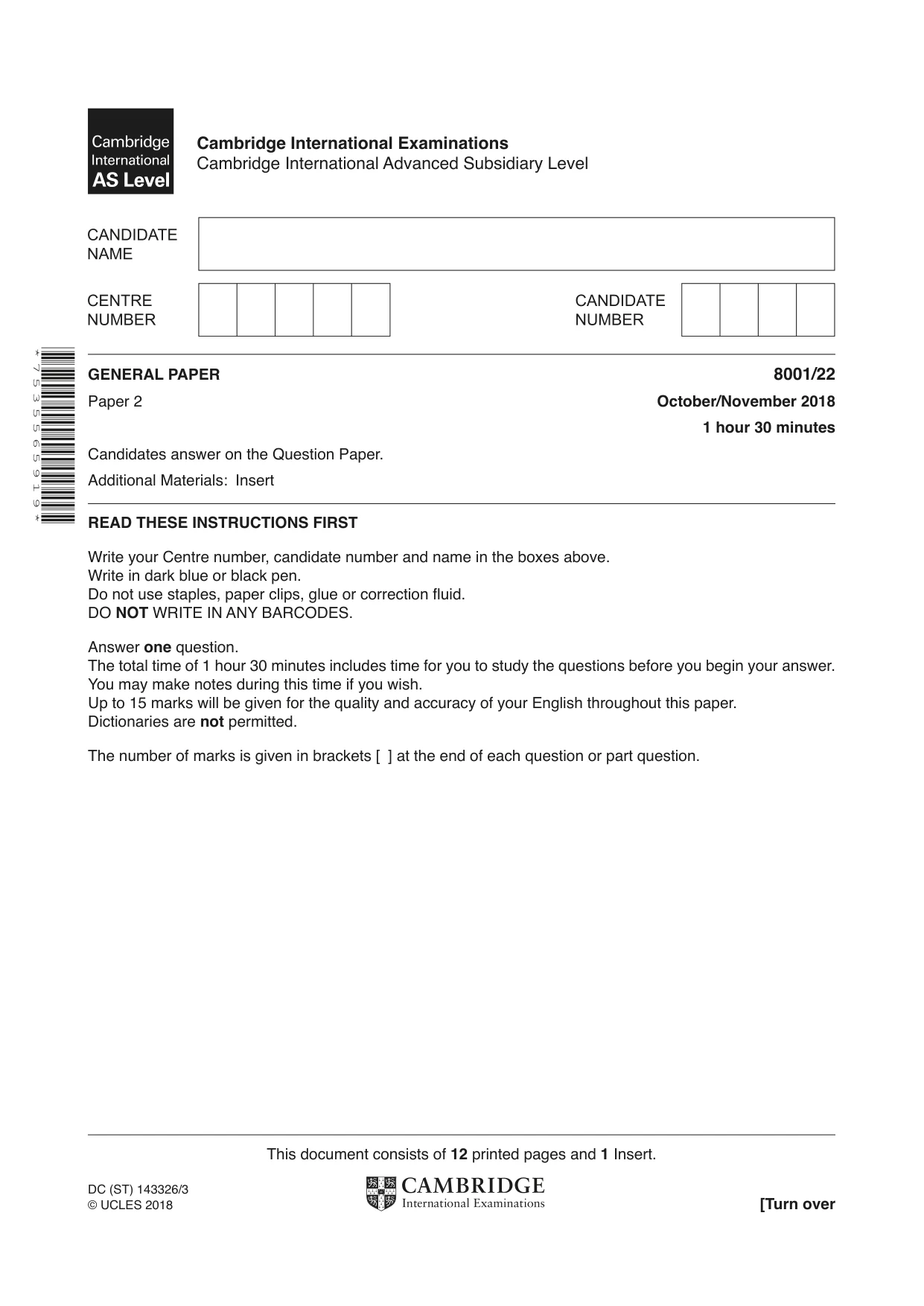 Cambridge A Level General Paper (AS Level only) 8001 2018 Oct/Nov Paper 2 · Variant 2 question paper, page 1 of 12