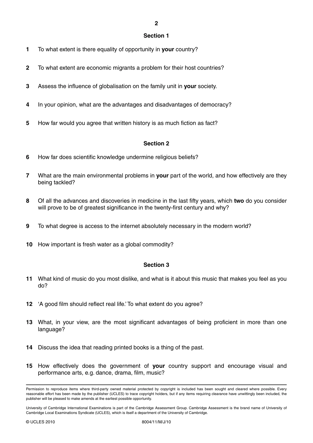 Cambridge A Level General Paper (AS Level only) 8004 2010 May/June Paper 1 · Variant 1 question paper, page 2 of 2