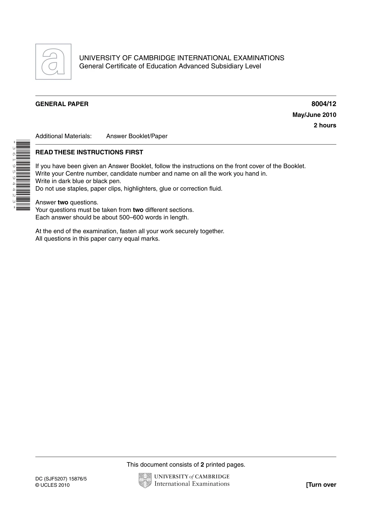 Cambridge A Level General Paper (AS Level only) 8004 2010 May/June Paper 1 · Variant 2 question paper, page 1 of 2