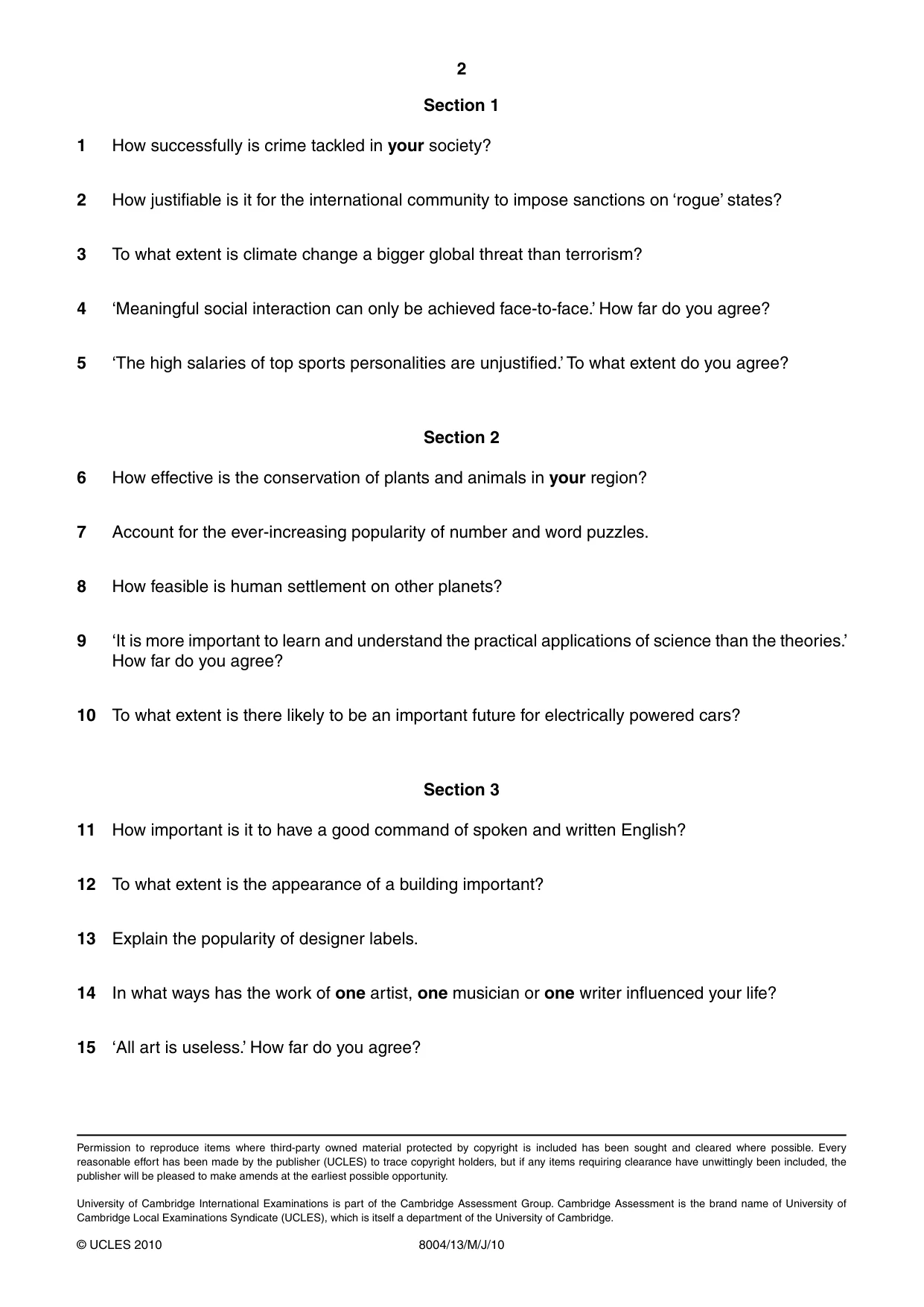 Cambridge A Level General Paper (AS Level only) 8004 2010 May/June Paper 1 · Variant 3 question paper, page 2 of 2