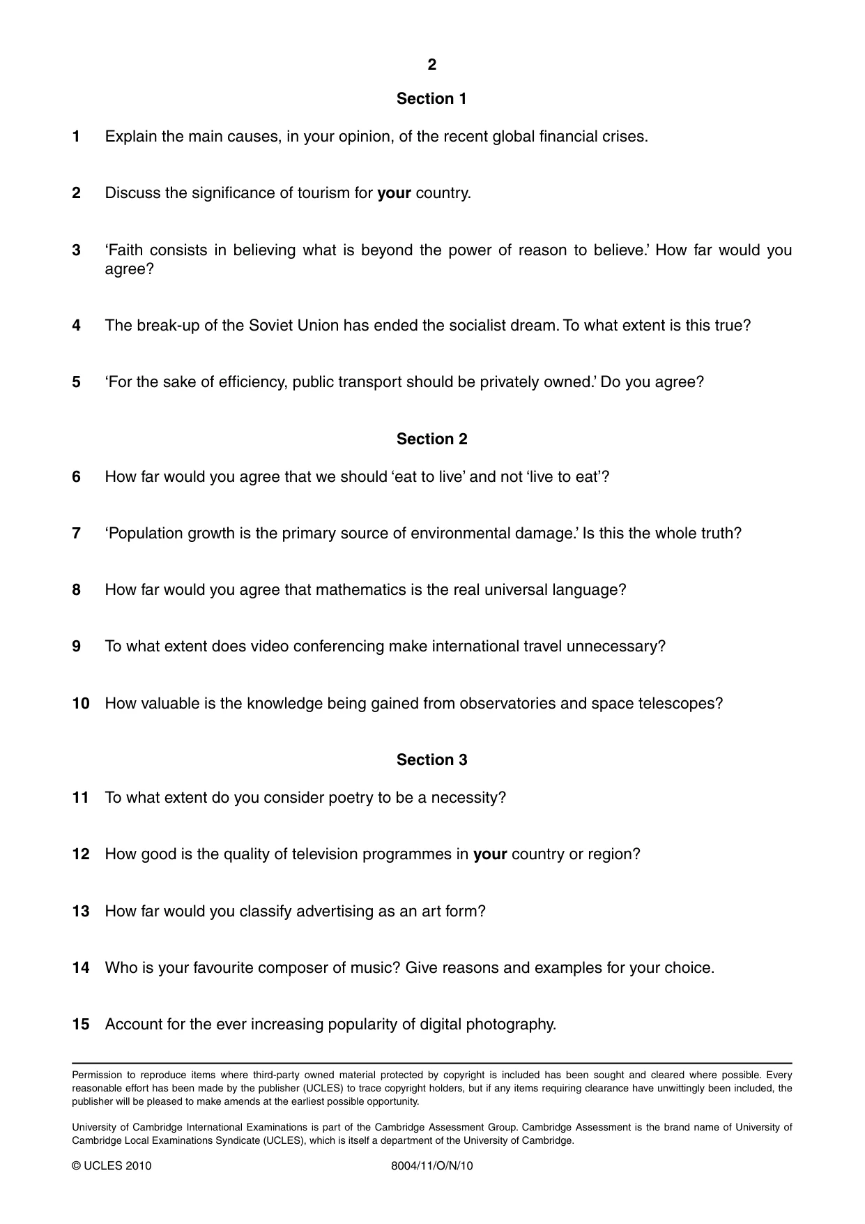 Cambridge A Level General Paper (AS Level only) 8004 2010 Oct/Nov Paper 1 · Variant 1 question paper, page 2 of 2