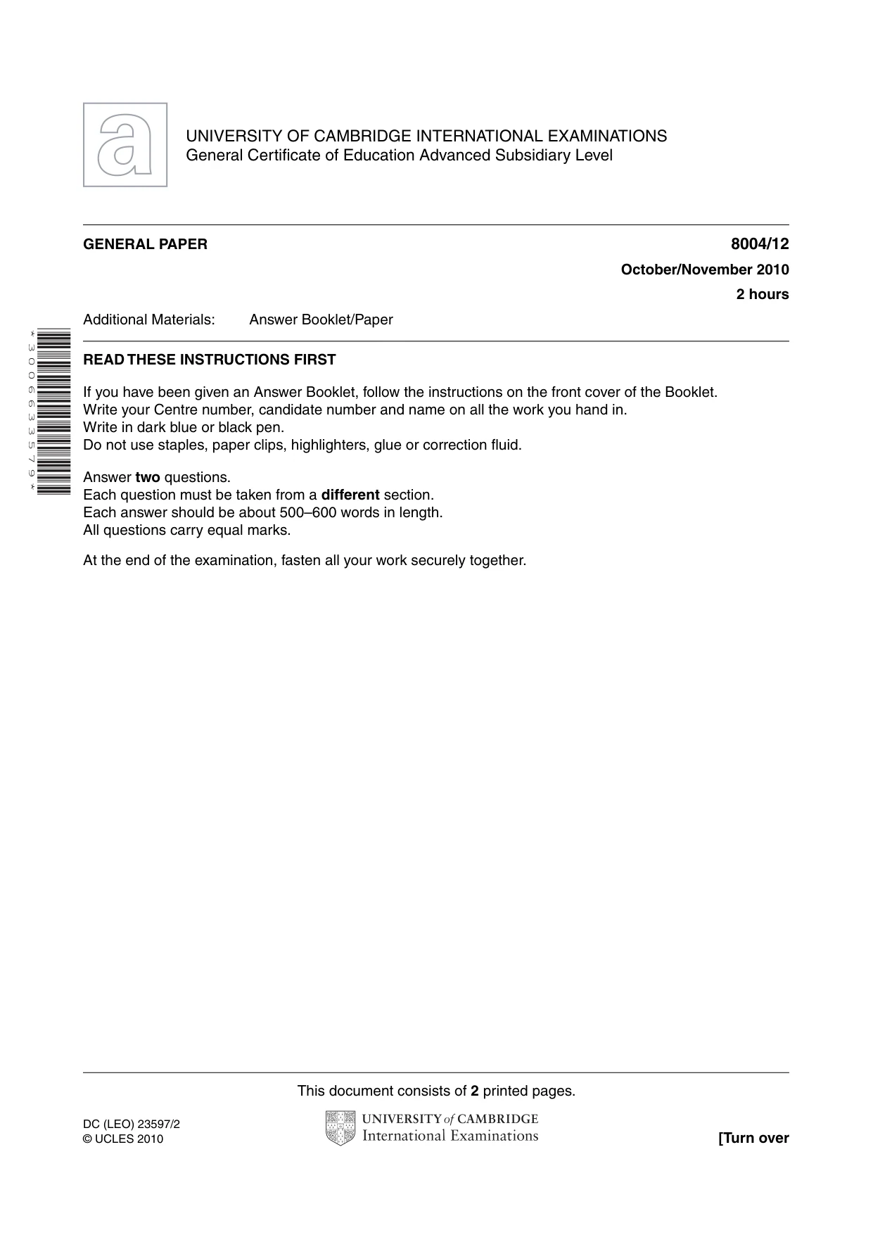 Cambridge A Level General Paper (AS Level only) 8004 2010 Oct/Nov Paper 1 · Variant 2 question paper, page 1 of 2