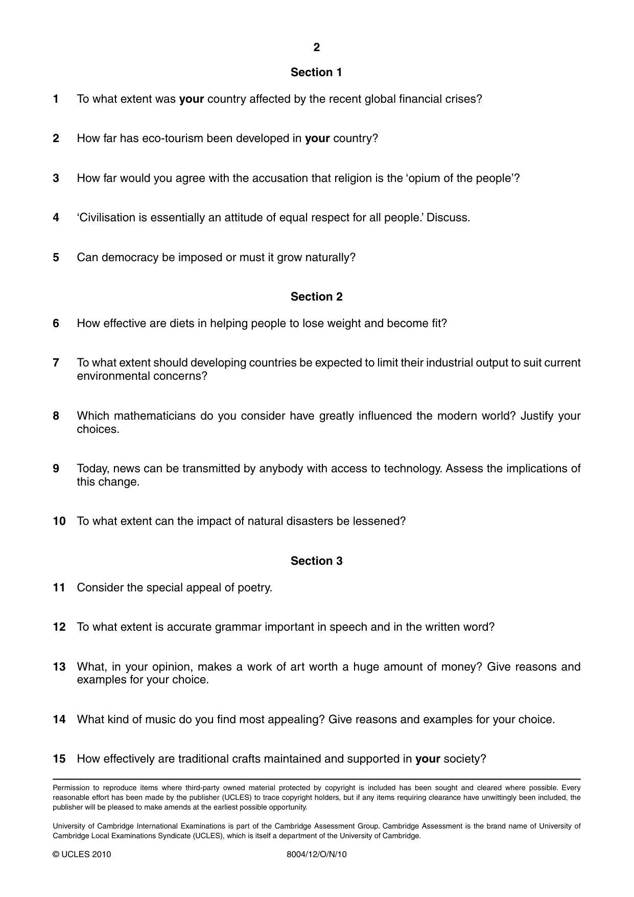 Cambridge A Level General Paper (AS Level only) 8004 2010 Oct/Nov Paper 1 · Variant 2 question paper, page 2 of 2
