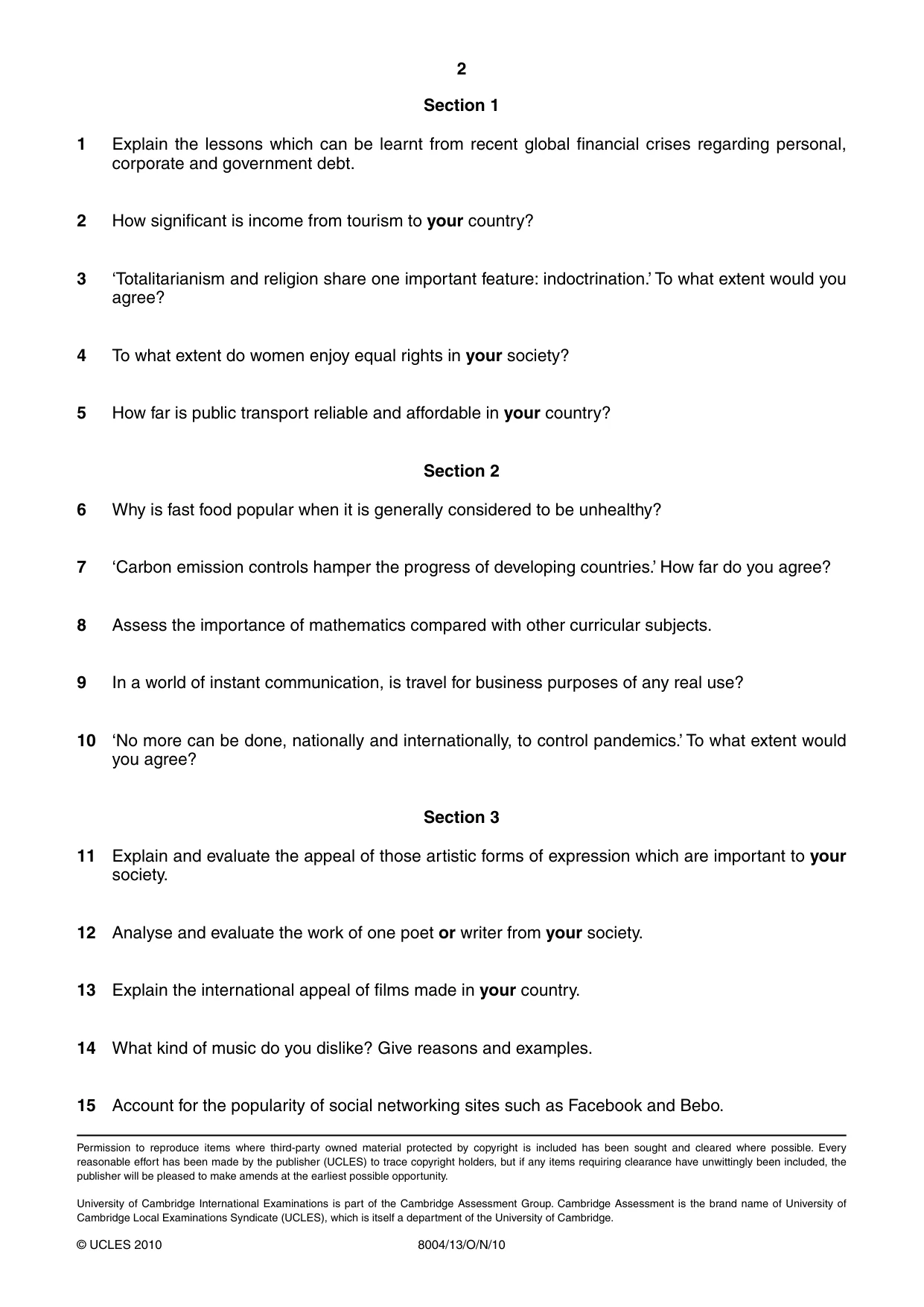 Cambridge A Level General Paper (AS Level only) 8004 2010 Oct/Nov Paper 1 · Variant 3 question paper, page 2 of 2