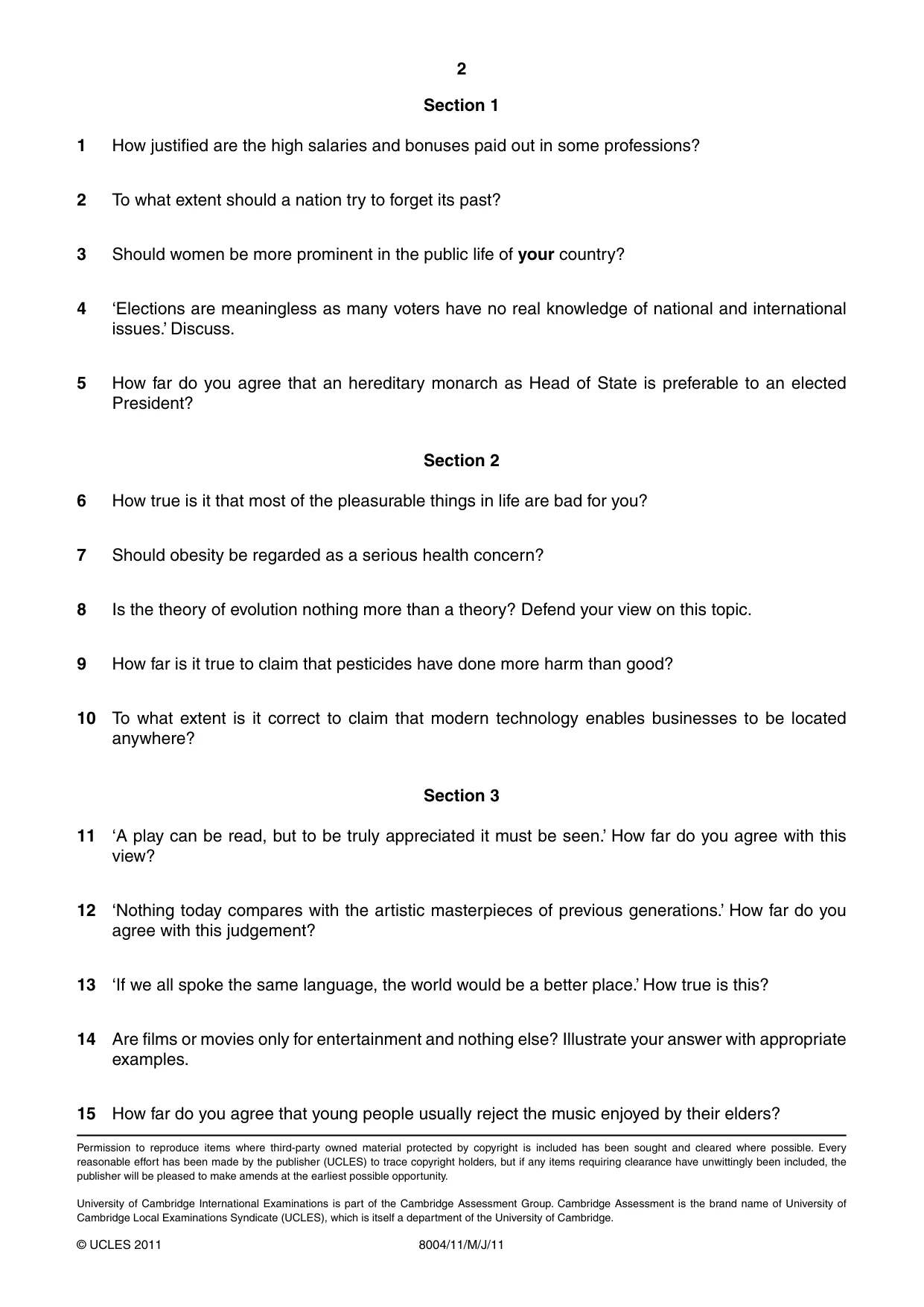 Cambridge A Level General Paper (AS Level only) 8004 2011 May/June Paper 1 · Variant 1 question paper, page 2 of 2