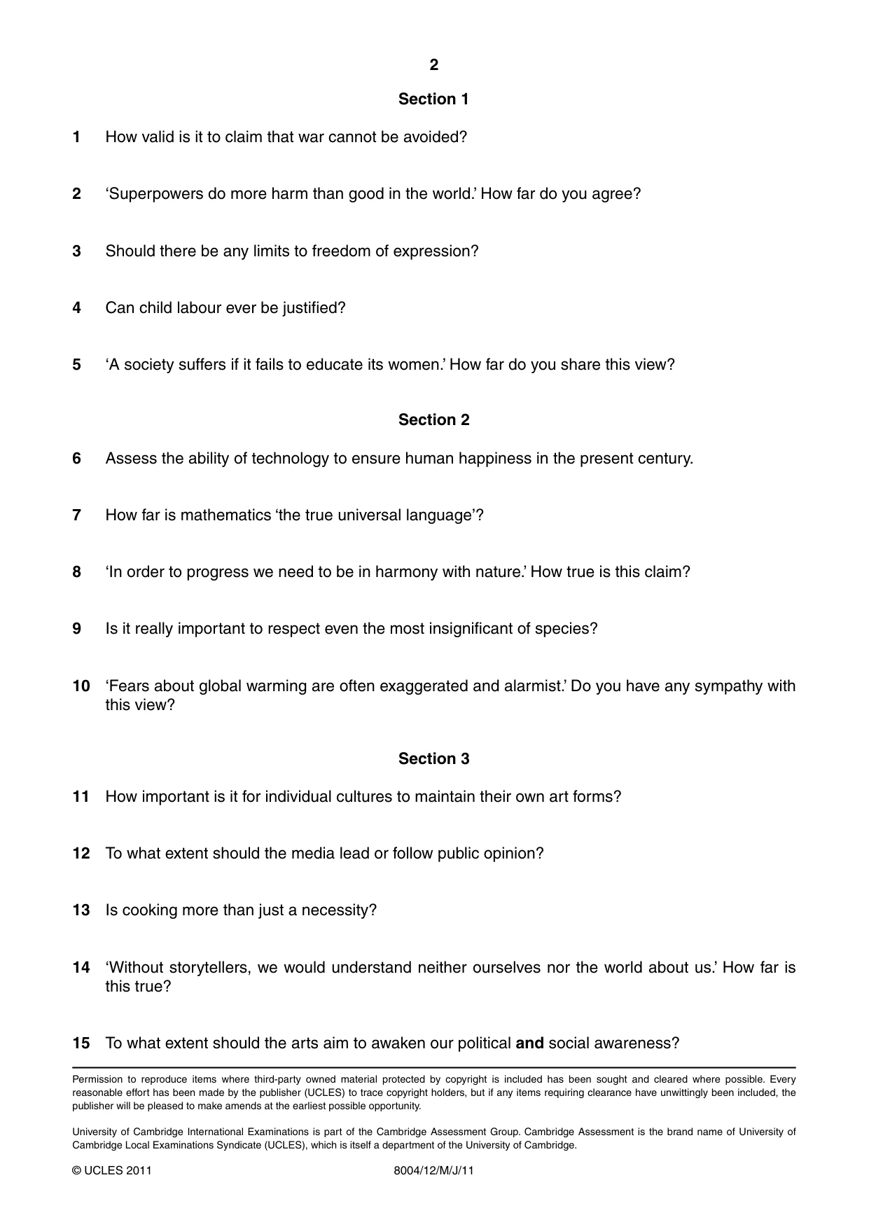 Cambridge A Level General Paper (AS Level only) 8004 2011 May/June Paper 1 · Variant 2 question paper, page 2 of 2