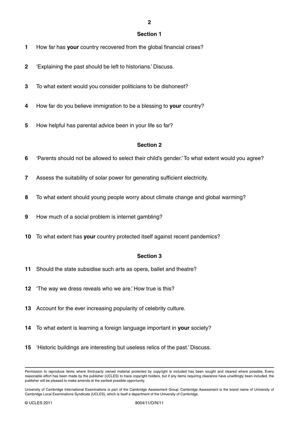 Cambridge A Level General Paper (AS Level only) 8004 2011 Oct/Nov Paper 1 · Variant 1 question paper, page 2 of 2