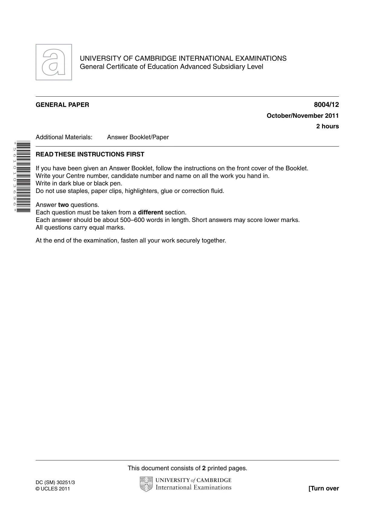 Cambridge A Level General Paper (AS Level only) 8004 2011 Oct/Nov Paper 1 · Variant 2 question paper, page 1 of 2