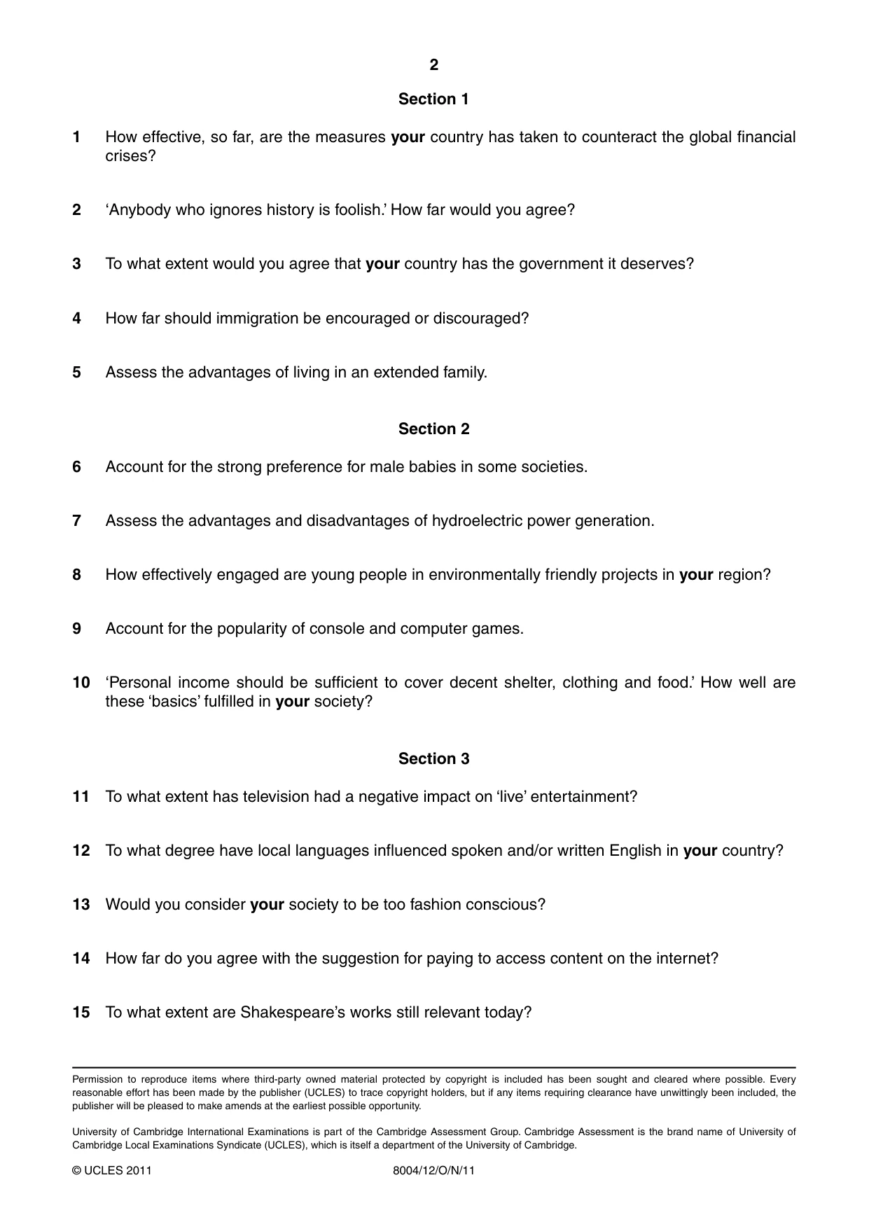 Cambridge A Level General Paper (AS Level only) 8004 2011 Oct/Nov Paper 1 · Variant 2 question paper, page 2 of 2