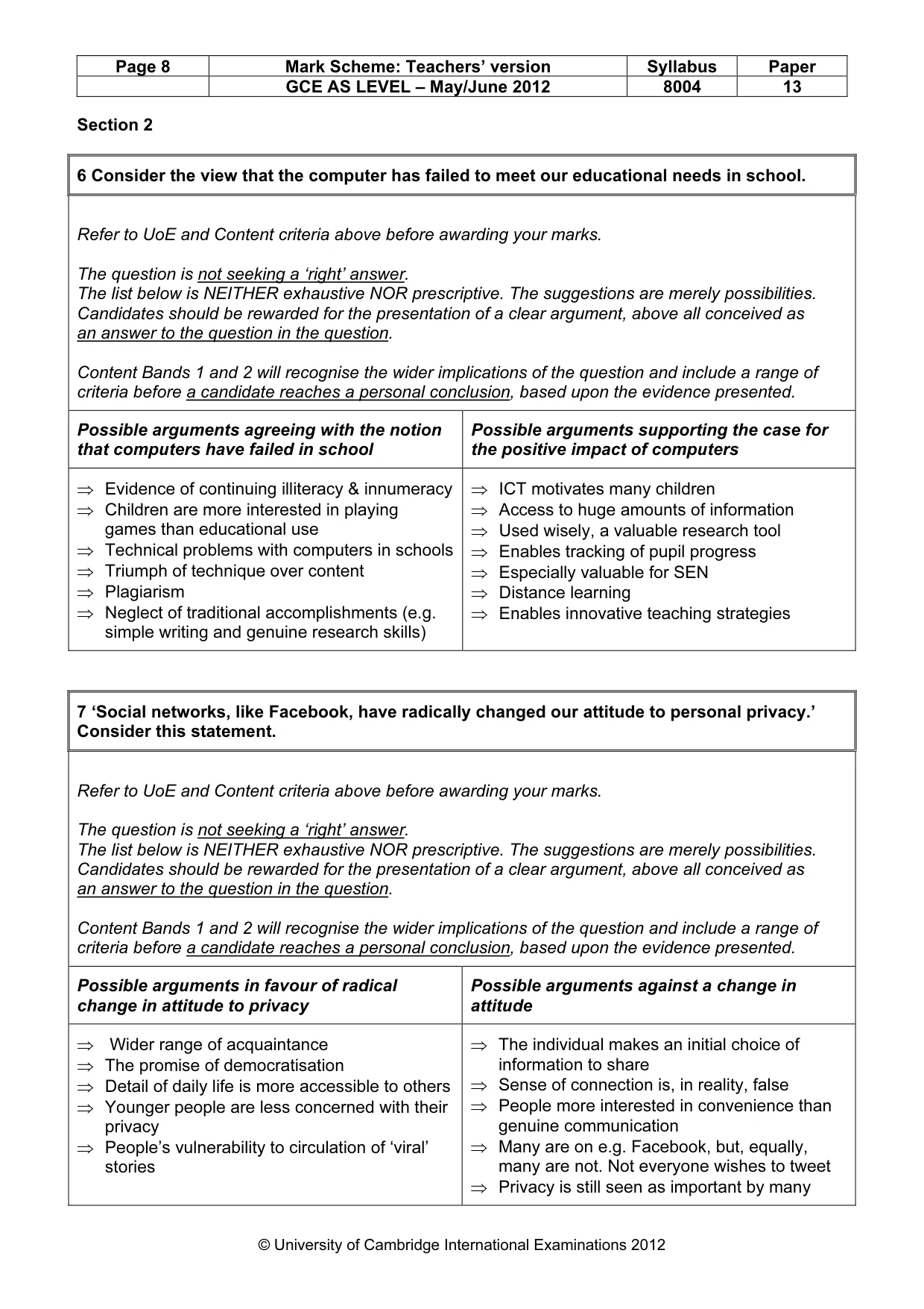 Mark scheme, page 8 of 14