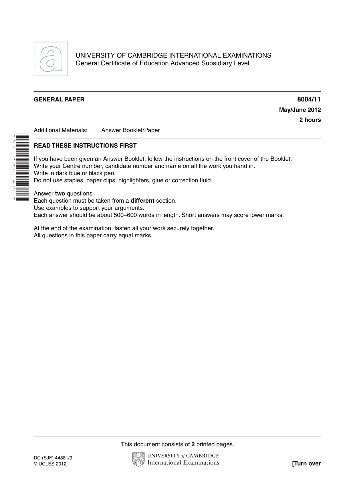 Cambridge A Level General Paper (AS Level only) 8004 2012 May/June Paper 1 · Variant 1 question paper, page 1 of 2
