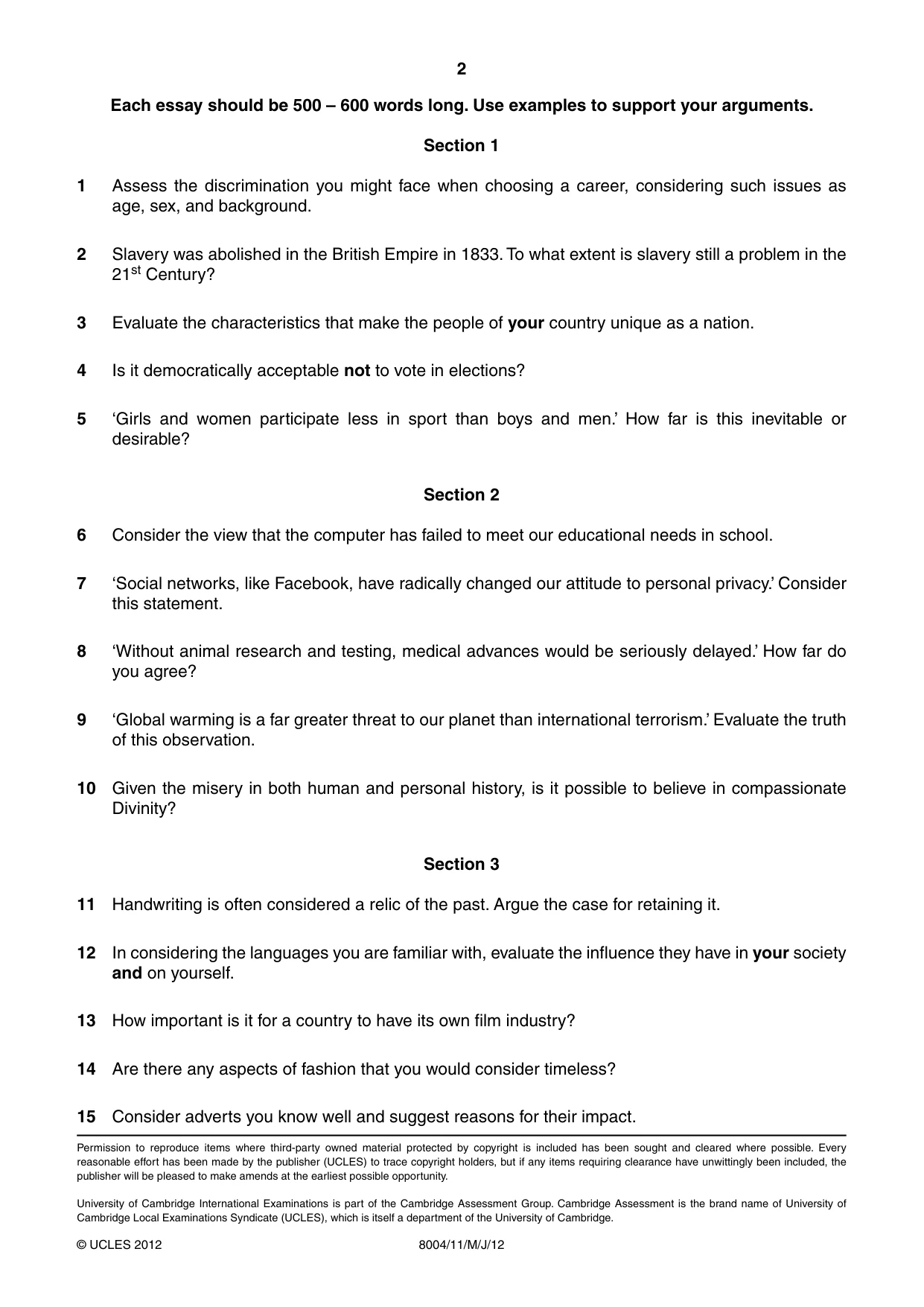 Cambridge A Level General Paper (AS Level only) 8004 2012 May/June Paper 1 · Variant 1 question paper, page 2 of 2