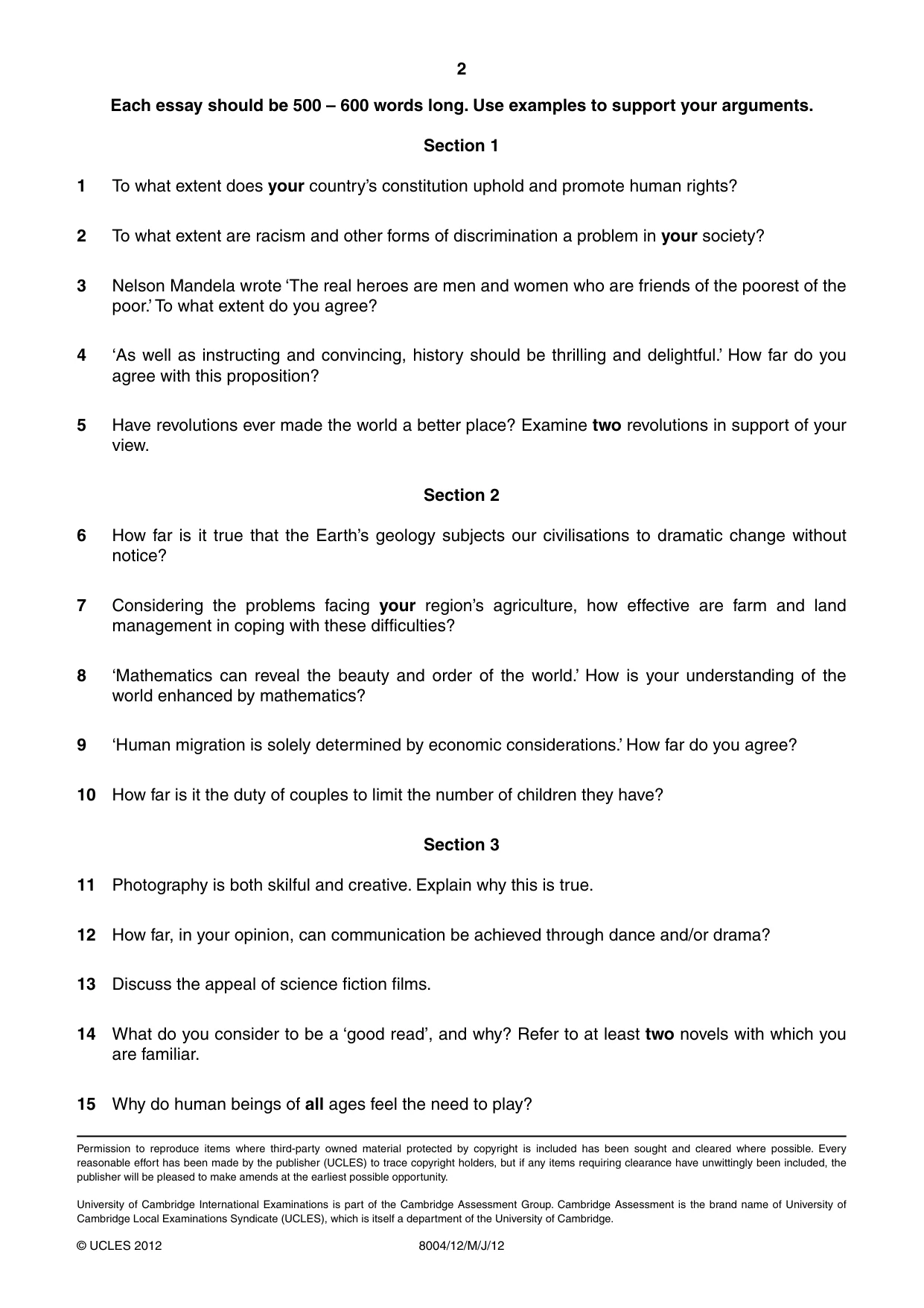 Cambridge A Level General Paper (AS Level only) 8004 2012 May/June Paper 1 · Variant 2 question paper, page 2 of 2