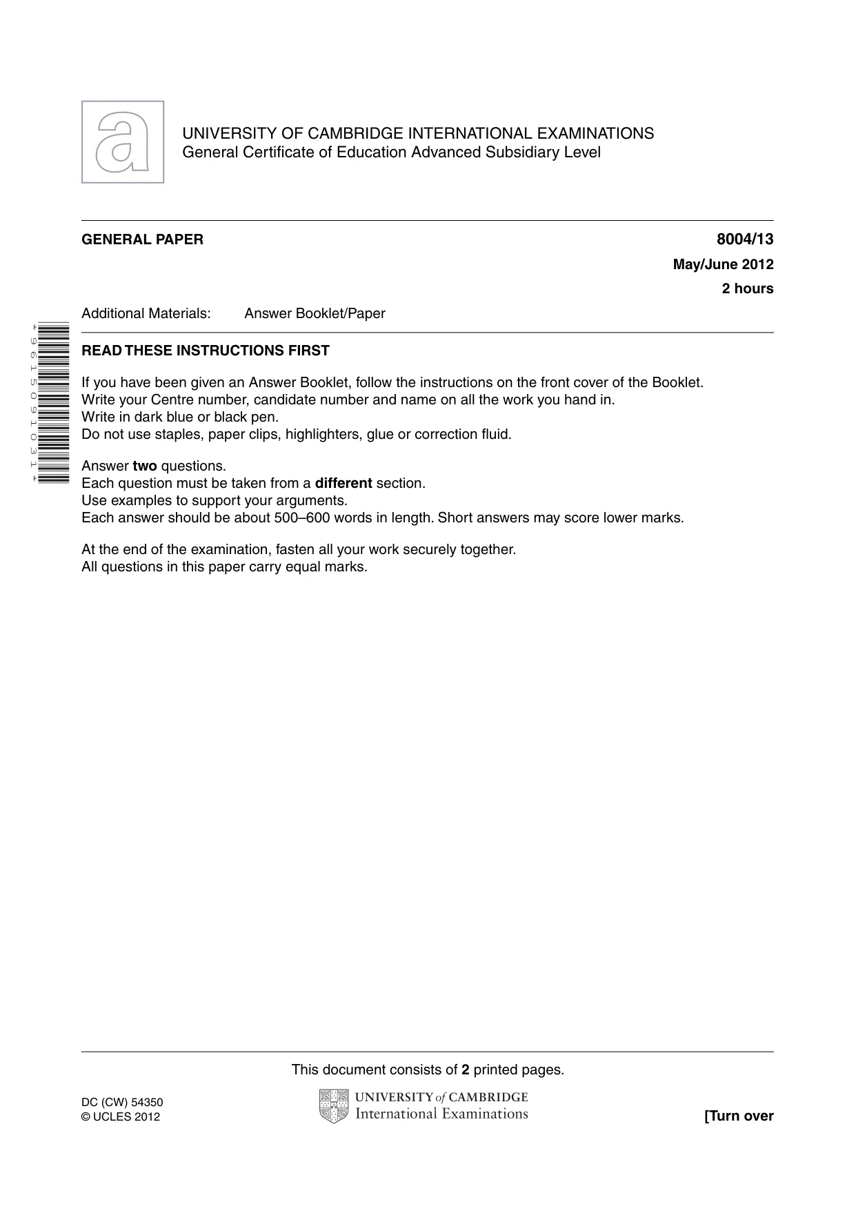 Cambridge A Level General Paper (AS Level only) 8004 2012 May/June Paper 1 · Variant 3 question paper, page 1 of 2