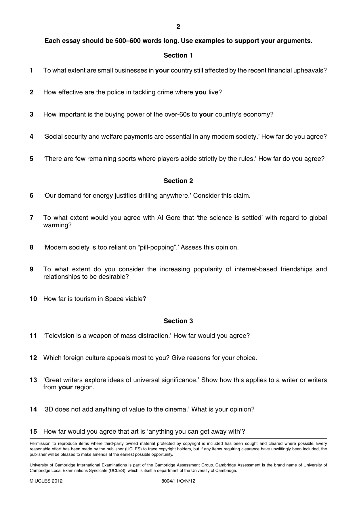 Cambridge A Level General Paper (AS Level only) 8004 2012 Oct/Nov Paper 1 · Variant 1 question paper, page 2 of 2