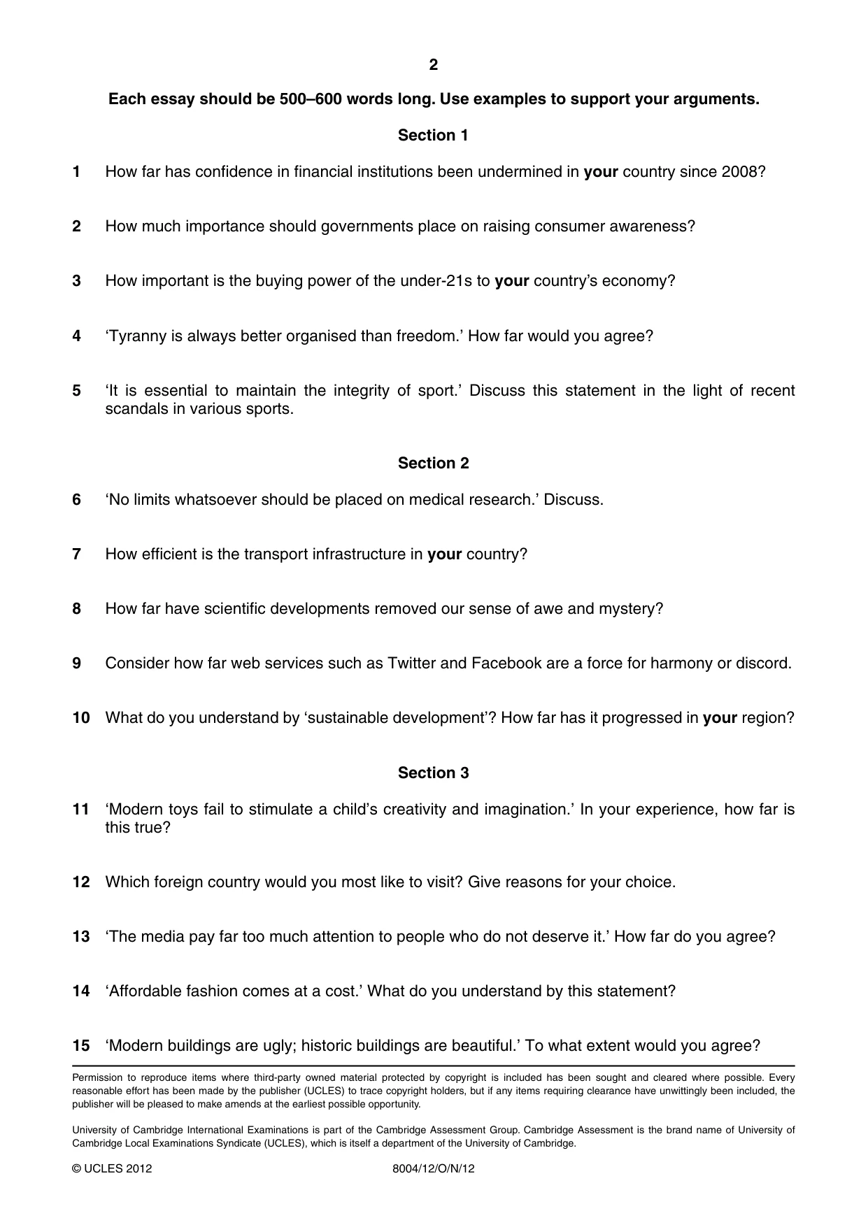 Cambridge A Level General Paper (AS Level only) 8004 2012 Oct/Nov Paper 1 · Variant 2 question paper, page 2 of 2