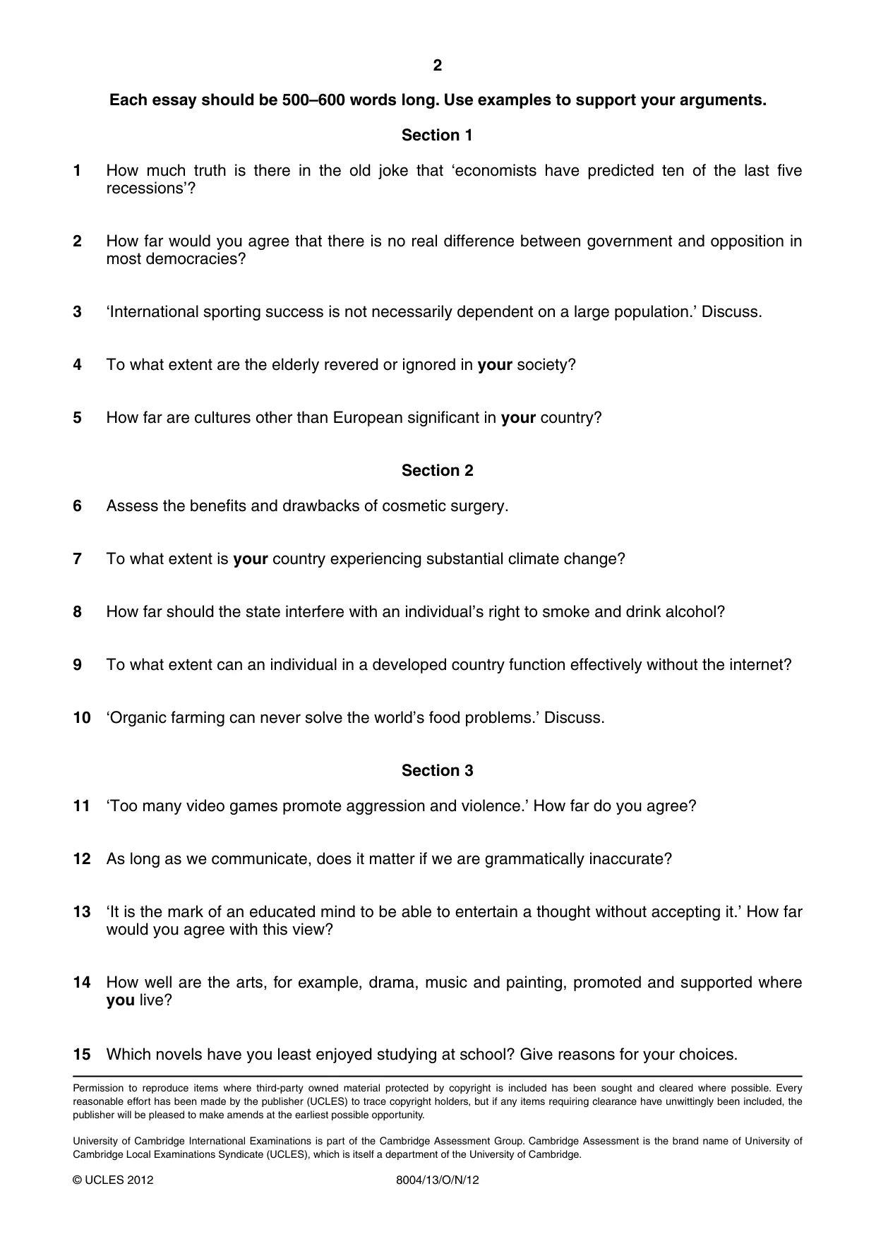 Cambridge A Level General Paper (AS Level only) 8004 2012 Oct/Nov Paper 1 · Variant 3 question paper, page 2 of 2