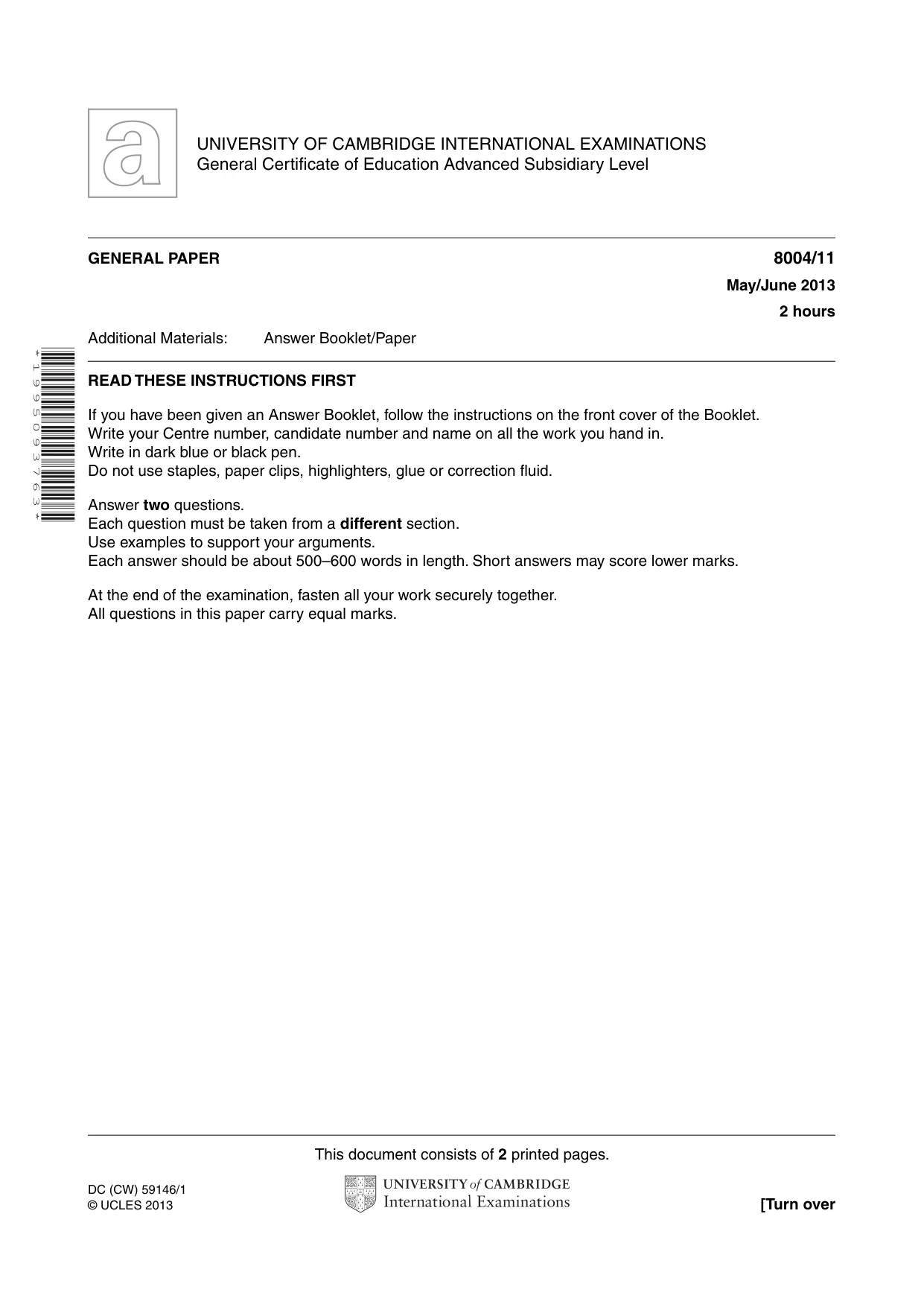 Cambridge A Level General Paper (AS Level only) 8004 2013 May/June Paper 1 · Variant 1 question paper, page 1 of 2