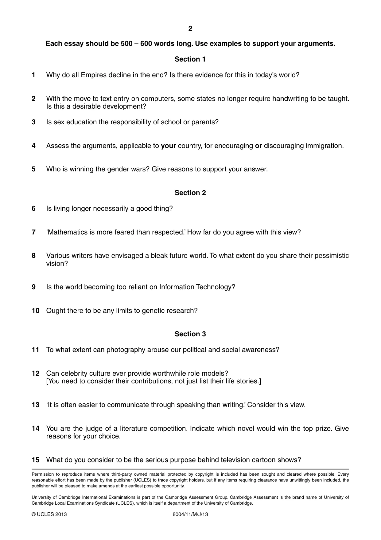 Cambridge A Level General Paper (AS Level only) 8004 2013 May/June Paper 1 · Variant 1 question paper, page 2 of 2