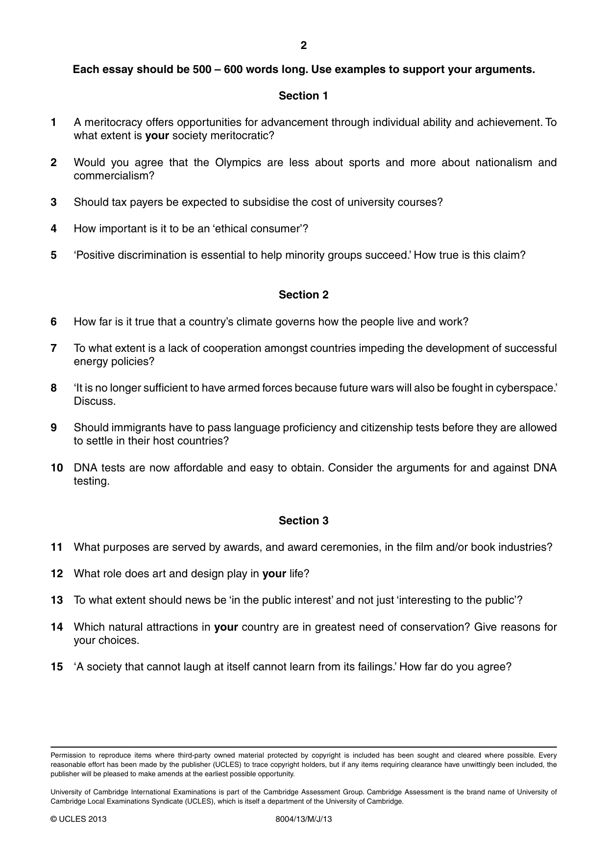 Cambridge A Level General Paper (AS Level only) 8004 2013 May/June Paper 1 · Variant 3 question paper, page 2 of 2