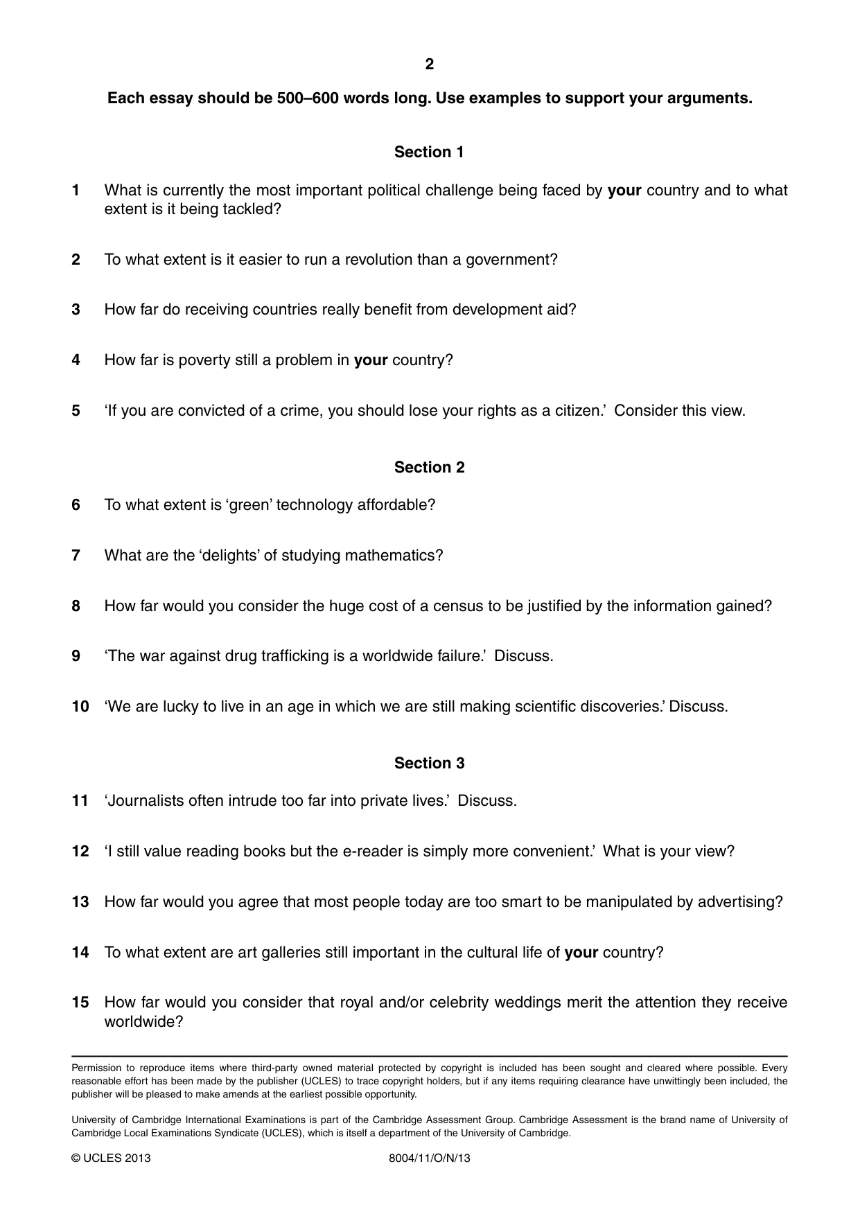 Cambridge A Level General Paper (AS Level only) 8004 2013 Oct/Nov Paper 1 · Variant 1 question paper, page 2 of 2